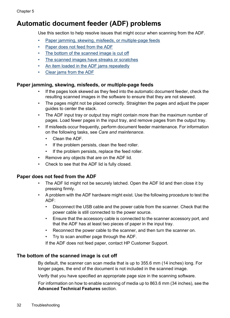 Automatic document feeder (adf) problems, Paper does not feed from the adf, The bottom of the scanned image is cut off | Remove a paper jam within the adf | HP Scanjet N8460 Document Flatbed Scanner User Manual | Page 34 / 42