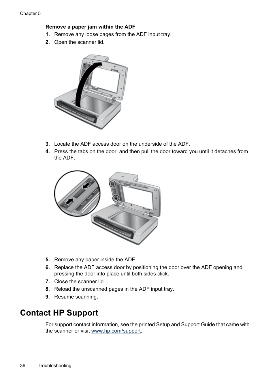 Remove a paper jam within the adf, Contact hp support | HP Scanjet N8460 Document Flatbed Scanner User Manual | Page 38 / 42