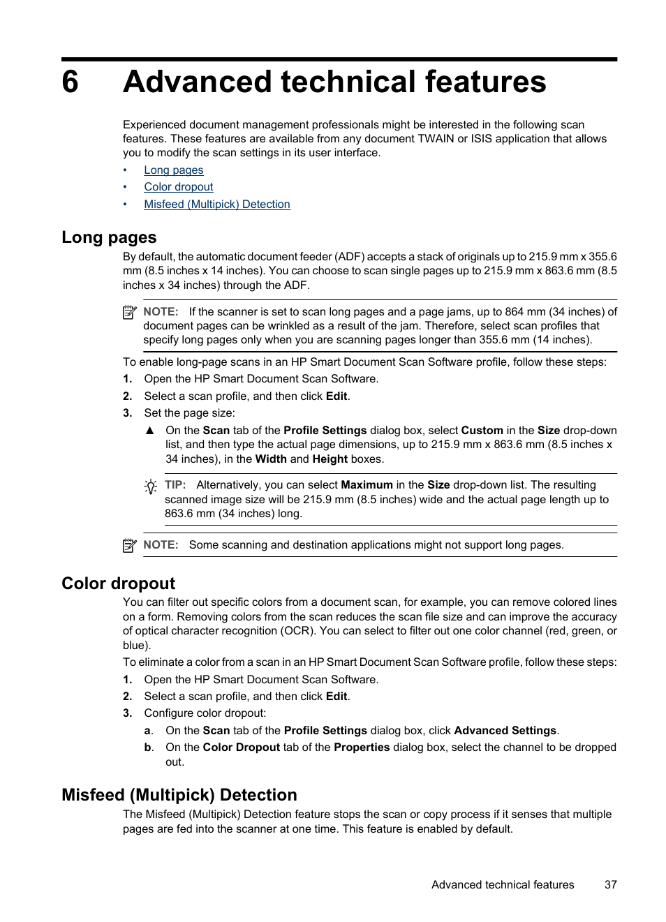 Advanced technical features, Color dropout, Misfeed (multipick) detection | 6 advanced technical features, 6advanced technical features, Long pages | HP Scanjet N8460 Document Flatbed Scanner User Manual | Page 39 / 42