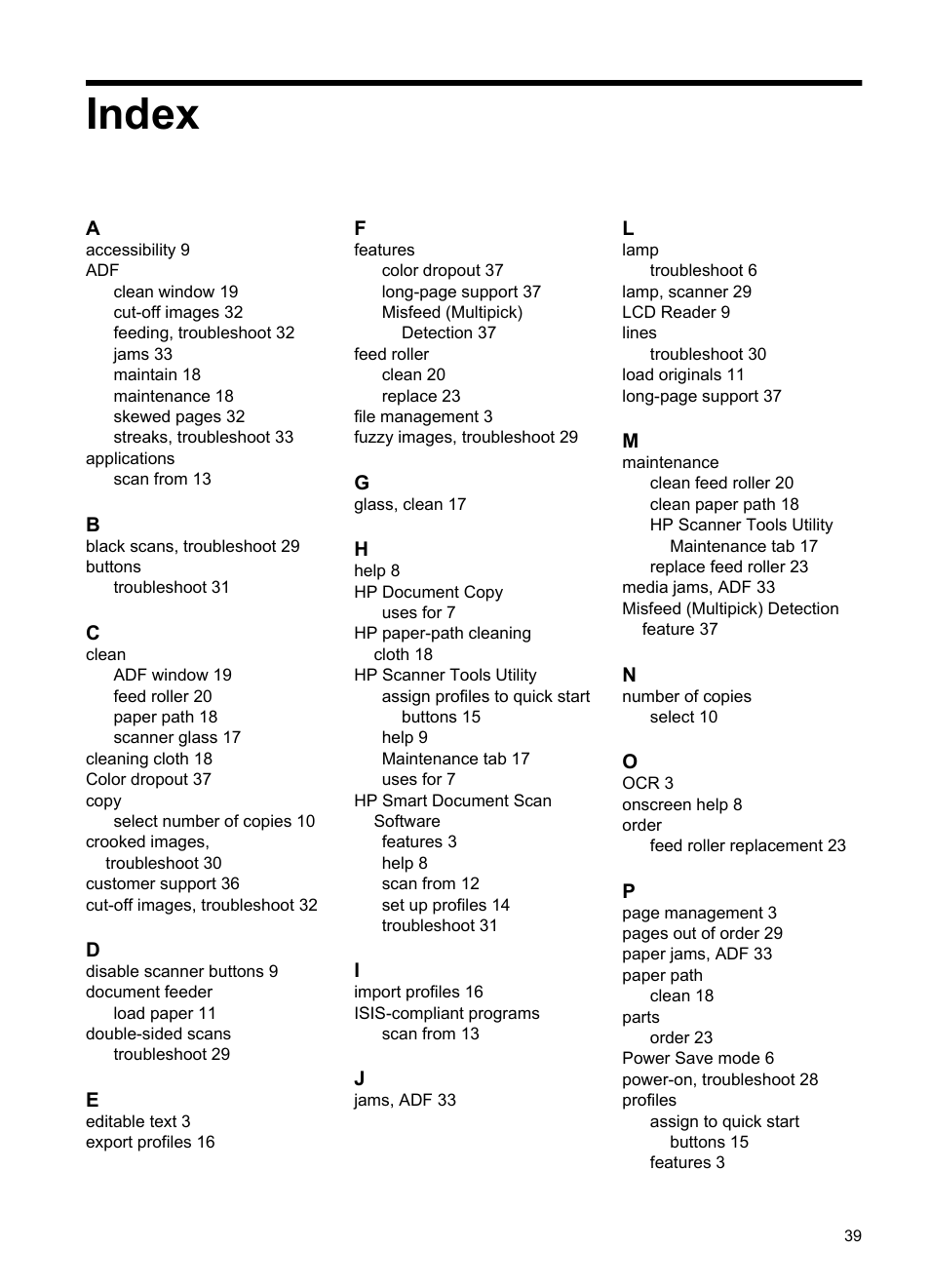 Index | HP Scanjet N8460 Document Flatbed Scanner User Manual | Page 41 / 42