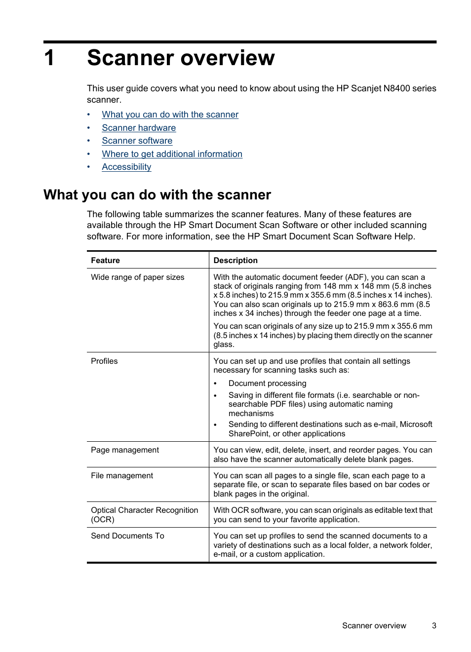 Scanner overview, What you can do with the scanner, 1 scanner overview | 1scanner overview | HP Scanjet N8460 Document Flatbed Scanner User Manual | Page 5 / 42