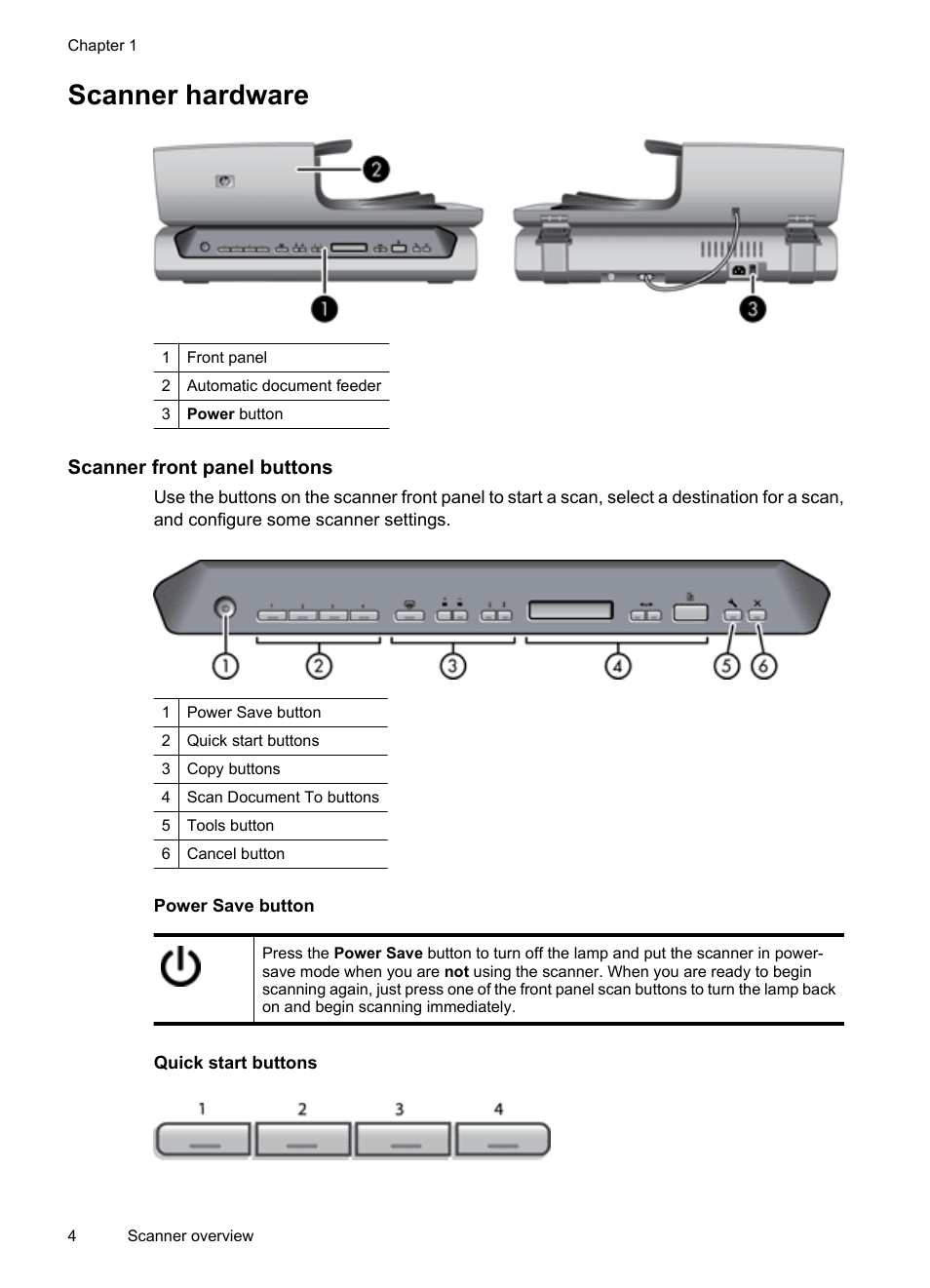 Scanner hardware, Scanner front panel buttons, Power save button | Quick start buttons, Scanner lamp setting | HP Scanjet N8460 Document Flatbed Scanner User Manual | Page 6 / 42