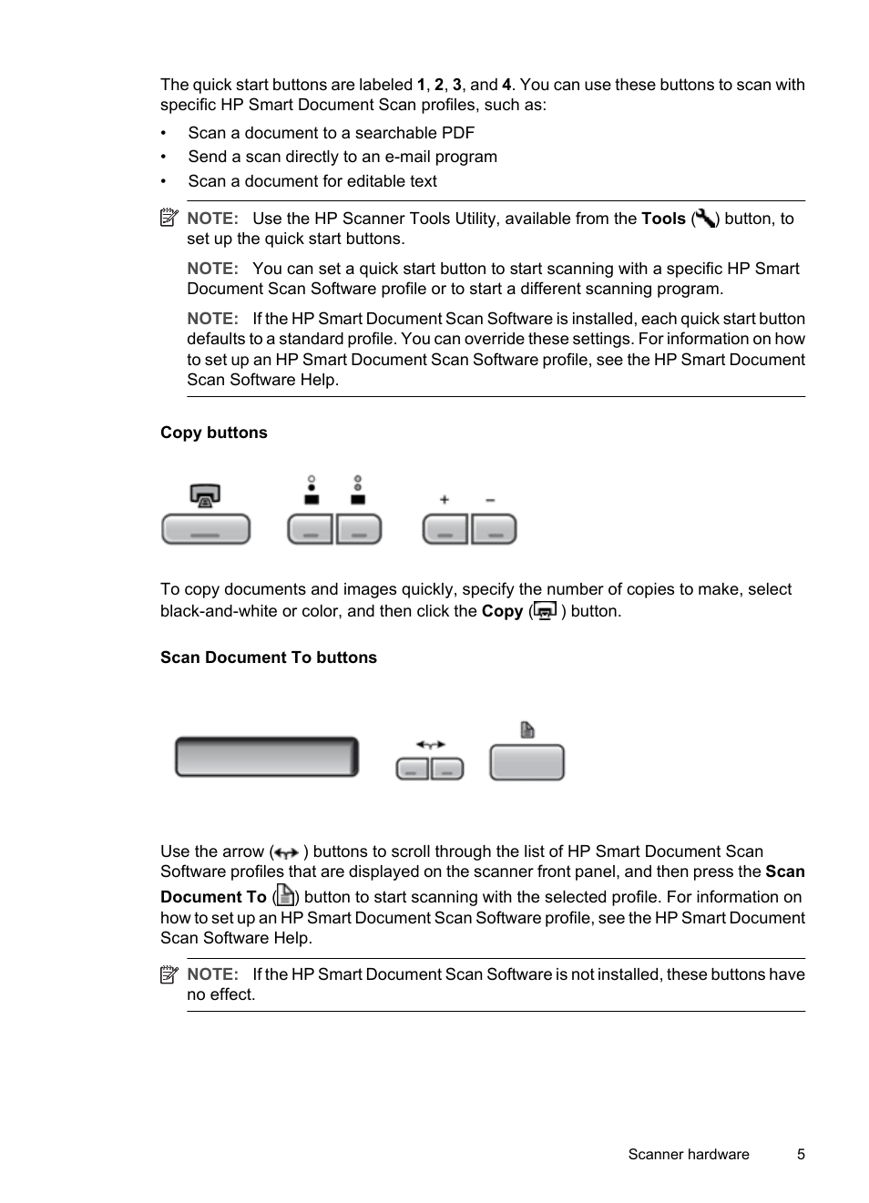 Copy buttons, Scan document to buttons | HP Scanjet N8460 Document Flatbed Scanner User Manual | Page 7 / 42