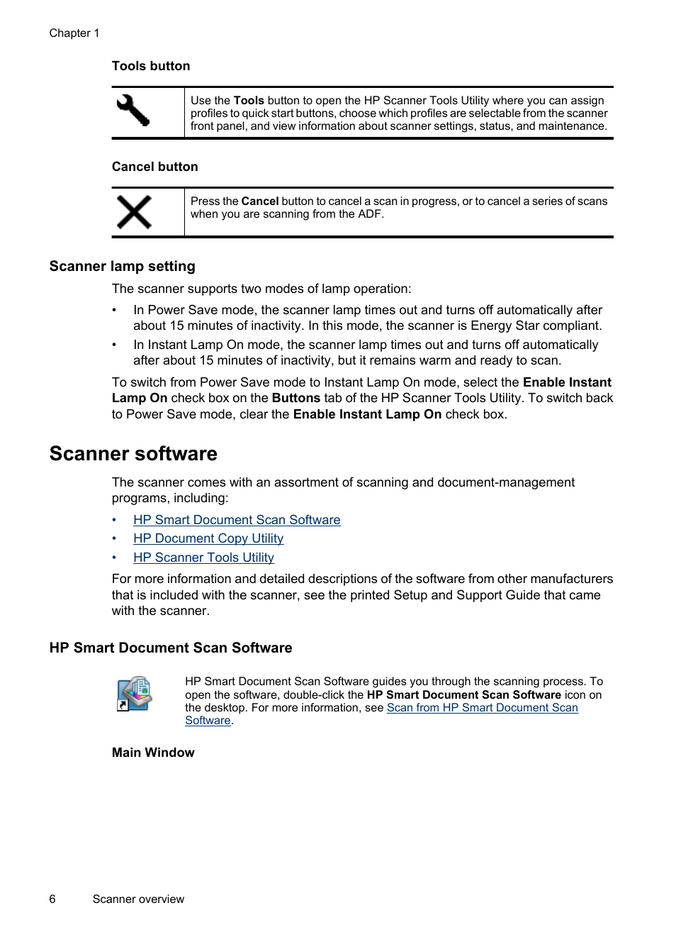 Tools button, Cancel button, Scanner lamp setting | Scanner software, Hp smart document scan software | HP Scanjet N8460 Document Flatbed Scanner User Manual | Page 8 / 42