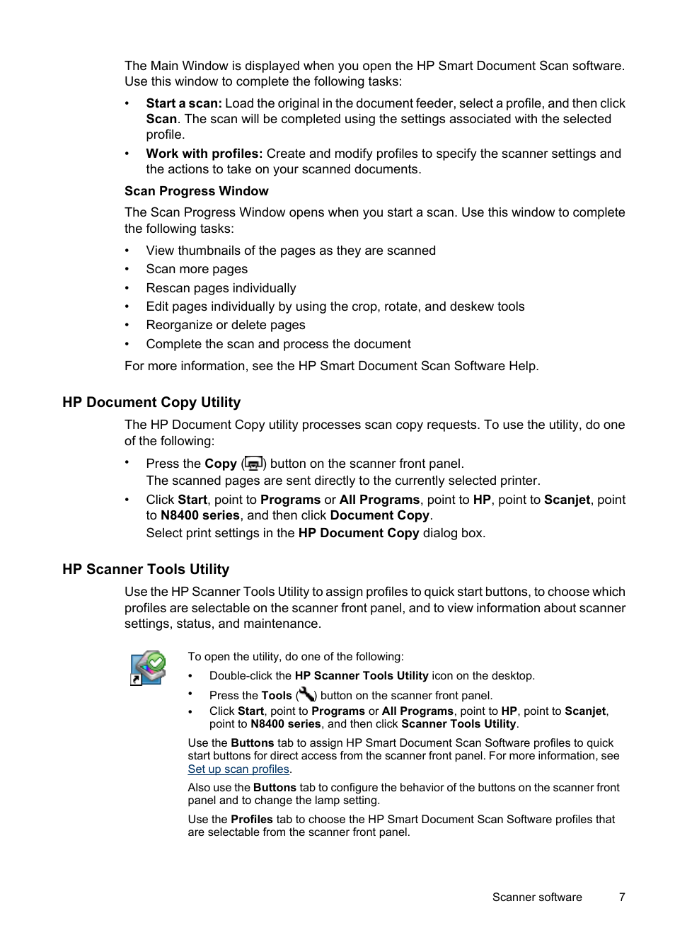 Hp document copy utility, Hp scanner tools utility | HP Scanjet N8460 Document Flatbed Scanner User Manual | Page 9 / 42