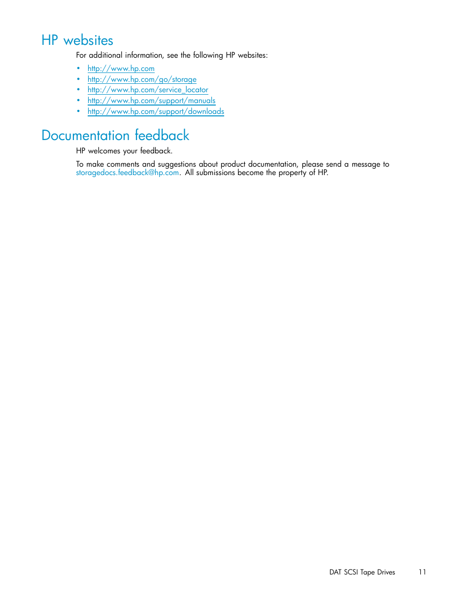 Hp websites, Documentation feedback | HP StoreEver DAT Tape Drives User Manual | Page 11 / 69