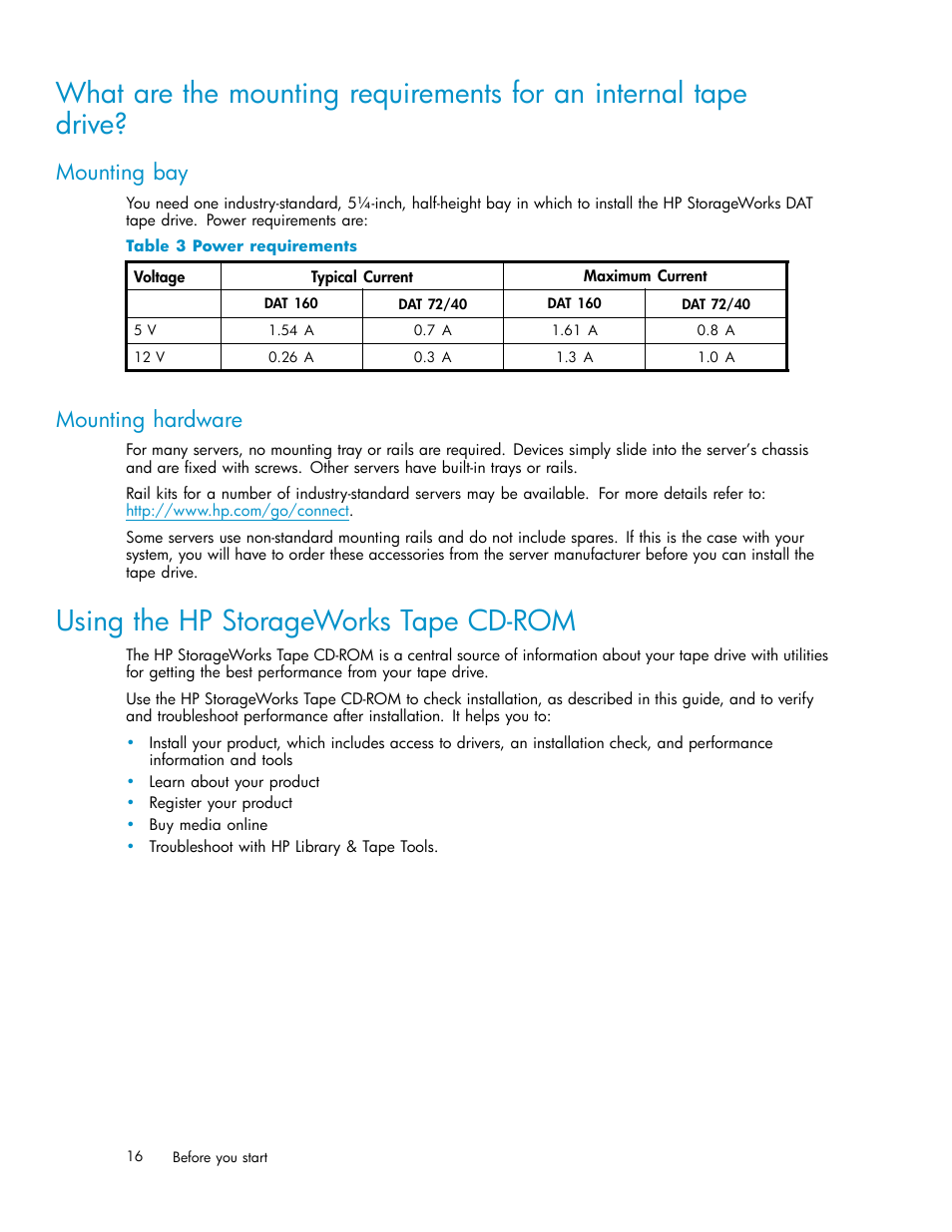 Using the hp storageworks tape cd-rom, Mounting bay, Mounting hardware | Power requirements | HP StoreEver DAT Tape Drives User Manual | Page 16 / 69