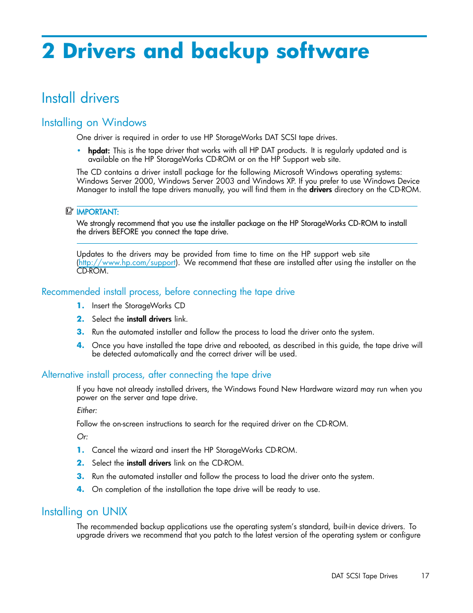 2 drivers and backup software, Install drivers, Installing on windows | Installing on unix | HP StoreEver DAT Tape Drives User Manual | Page 17 / 69