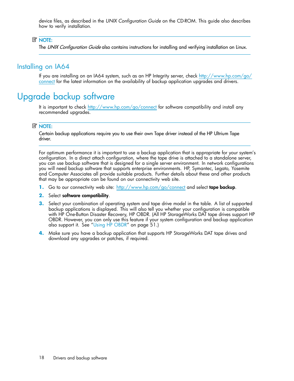Upgrade backup software, Installing on ia64 | HP StoreEver DAT Tape Drives User Manual | Page 18 / 69