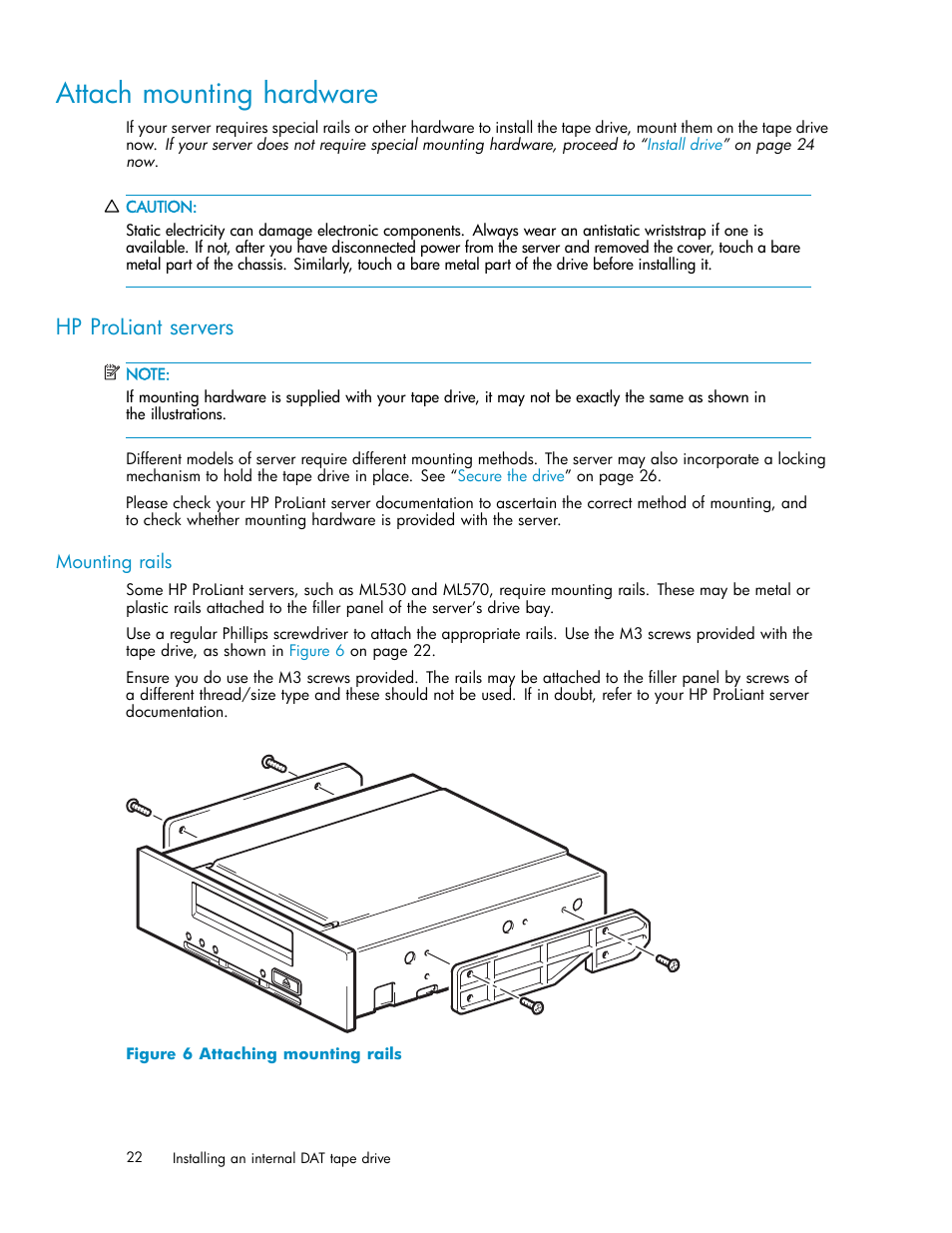 Attach mounting hardware, Hp proliant servers, Mounting rails | HP StoreEver DAT Tape Drives User Manual | Page 22 / 69