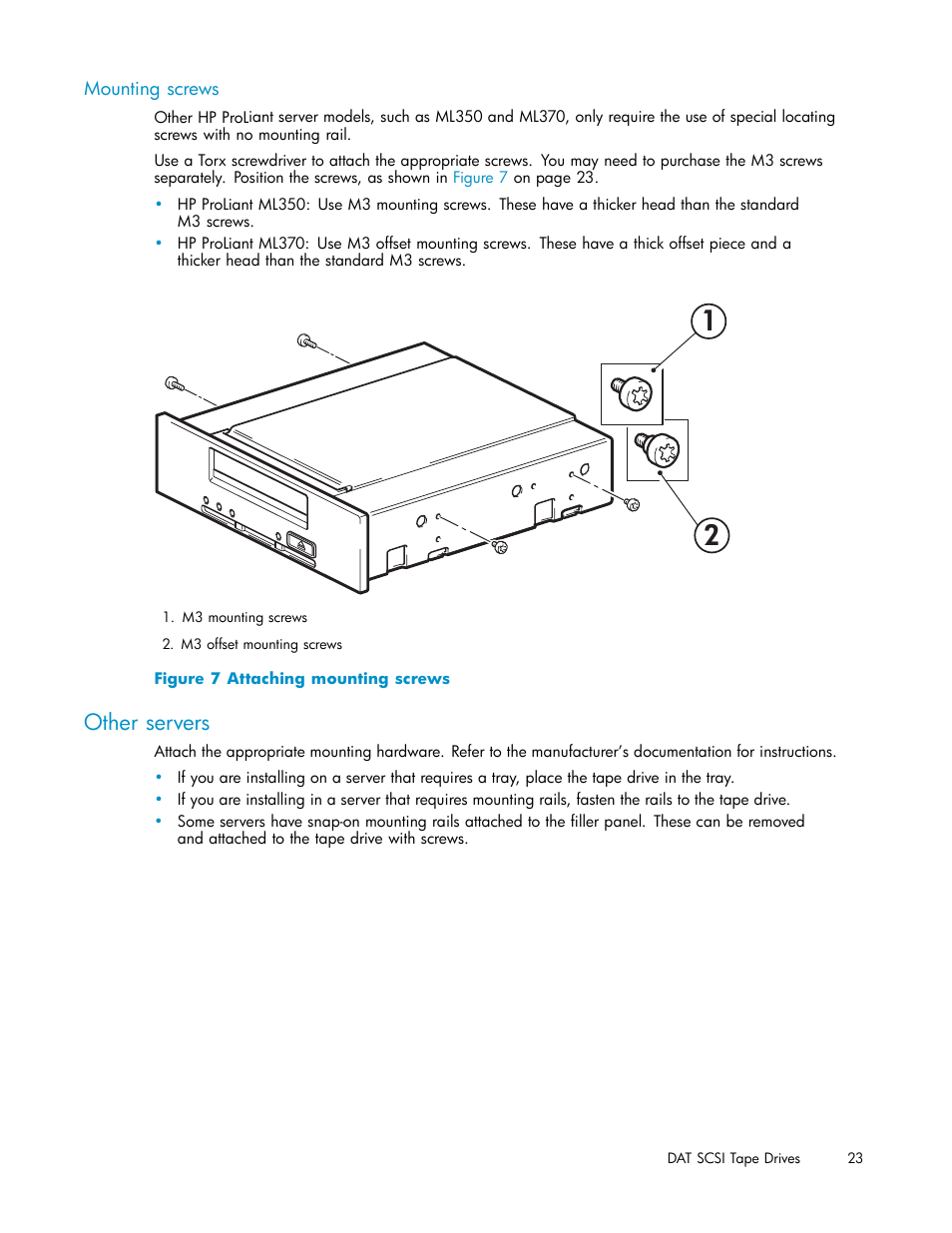 Mounting screws, Other servers, Attaching mounting rails | HP StoreEver DAT Tape Drives User Manual | Page 23 / 69