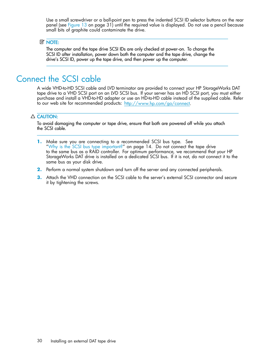 Connect the scsi cable | HP StoreEver DAT Tape Drives User Manual | Page 30 / 69