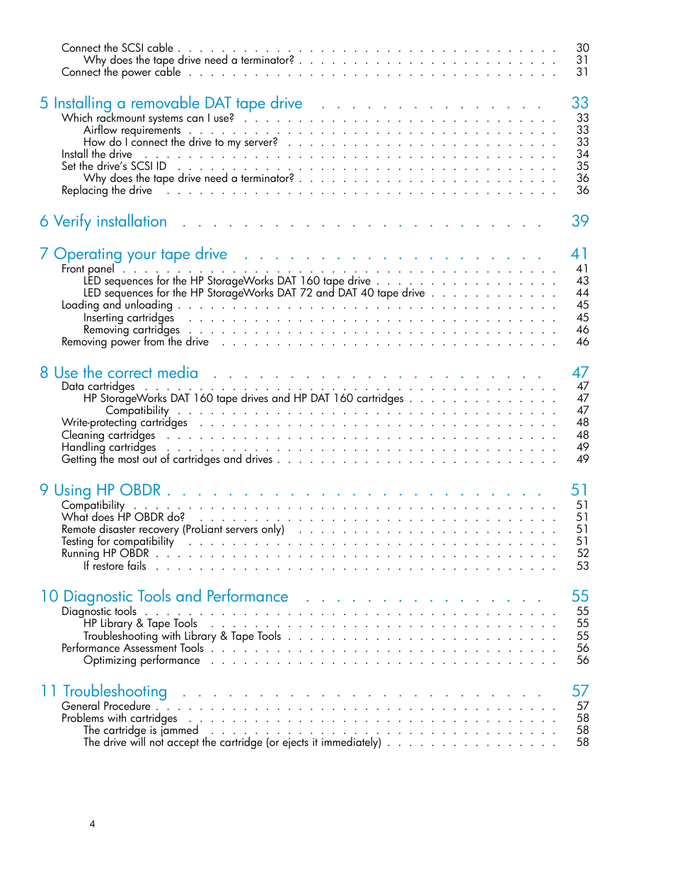 5 installing a removable dat tape drive, 6 verify installation 7 operating your tape drive, 8 use the correct media | 9 using hp obdr, 10 diagnostic tools and performance, 11 troubleshooting | HP StoreEver DAT Tape Drives User Manual | Page 4 / 69