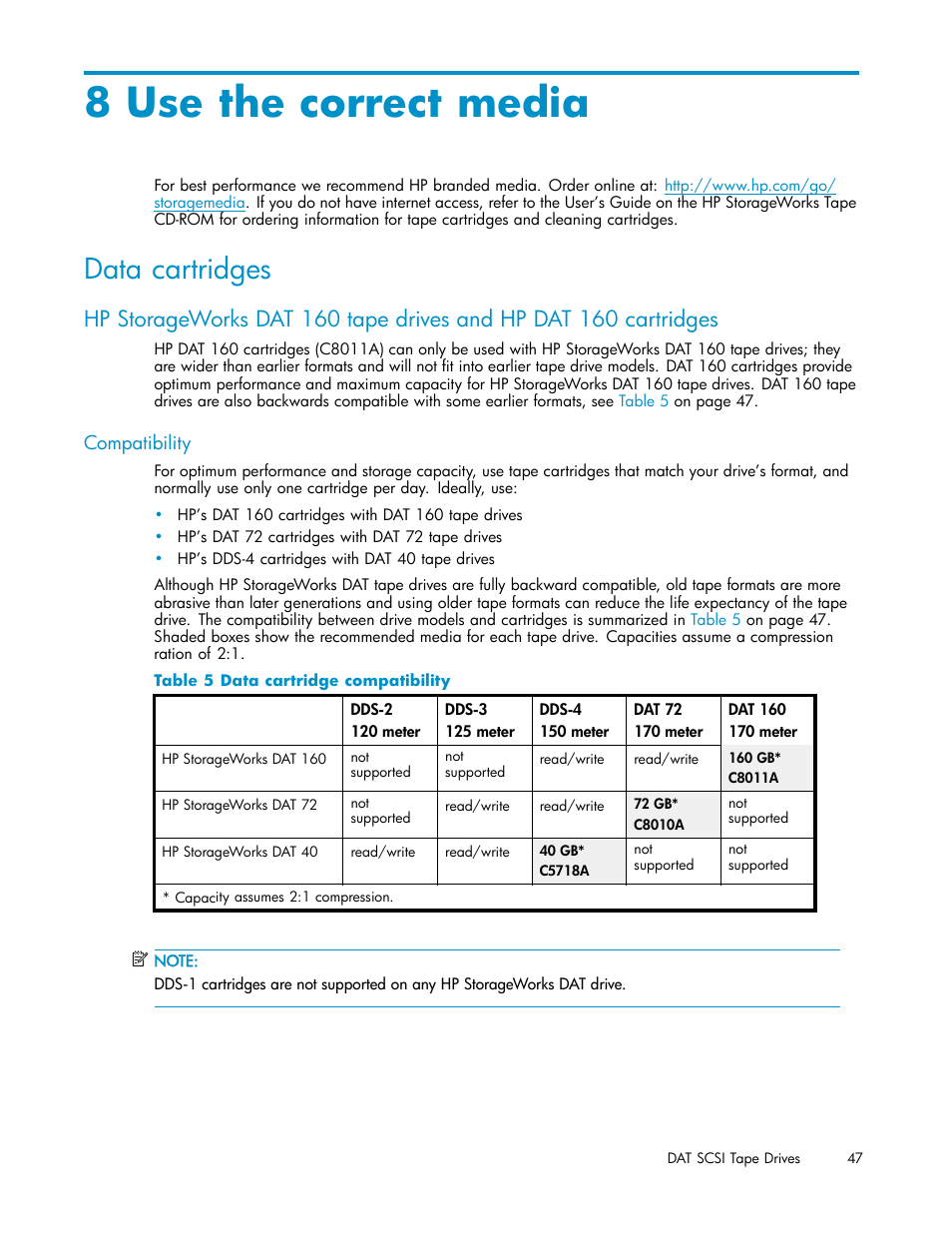 8 use the correct media, Data cartridges, Compatibility | Otecting cartrid, Use the correct medi | HP StoreEver DAT Tape Drives User Manual | Page 47 / 69