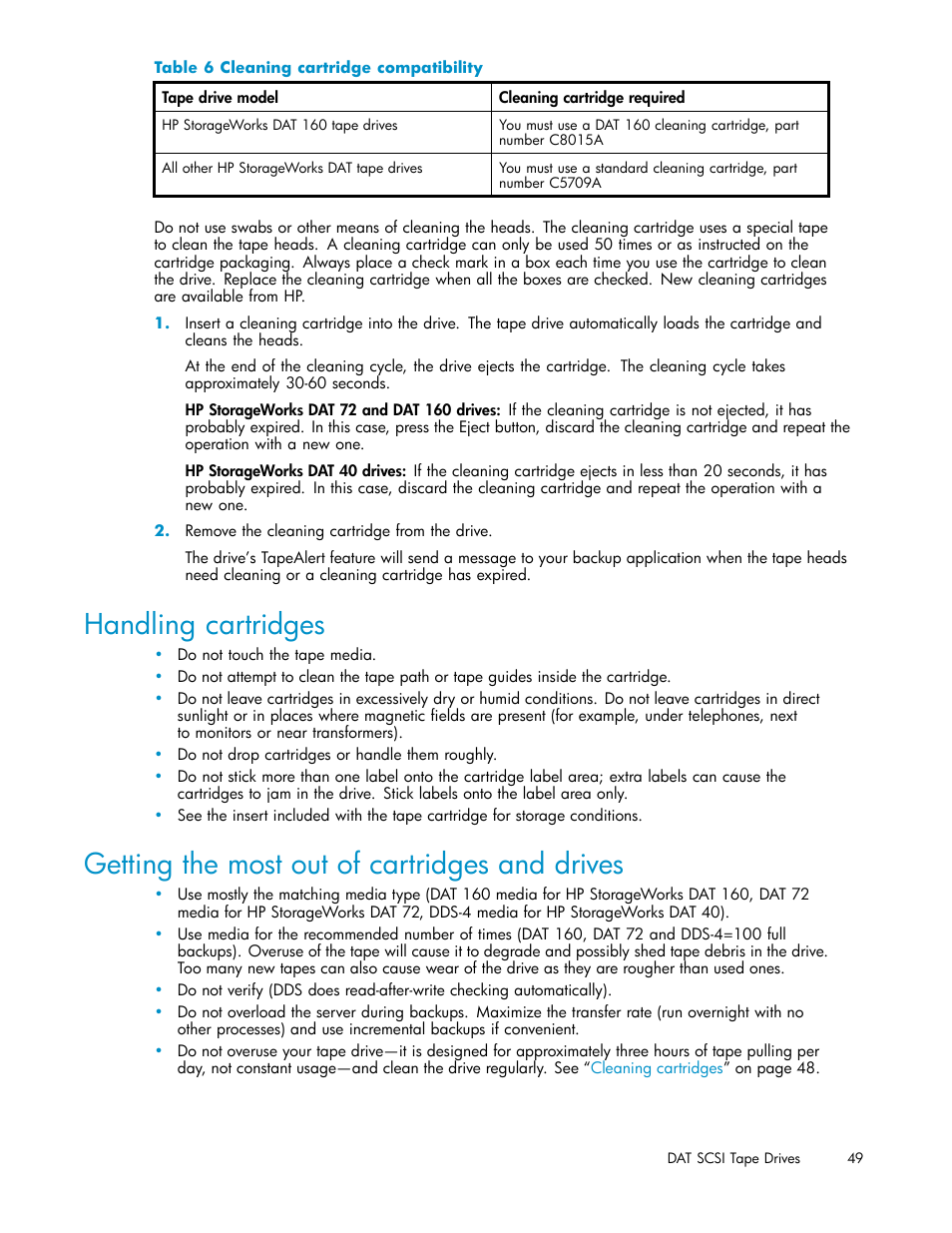 Cleaning cartridges, Handling cartridges, Front panel, hp storagewo | Getting the most out of cartridges and drives | HP StoreEver DAT Tape Drives User Manual | Page 49 / 69