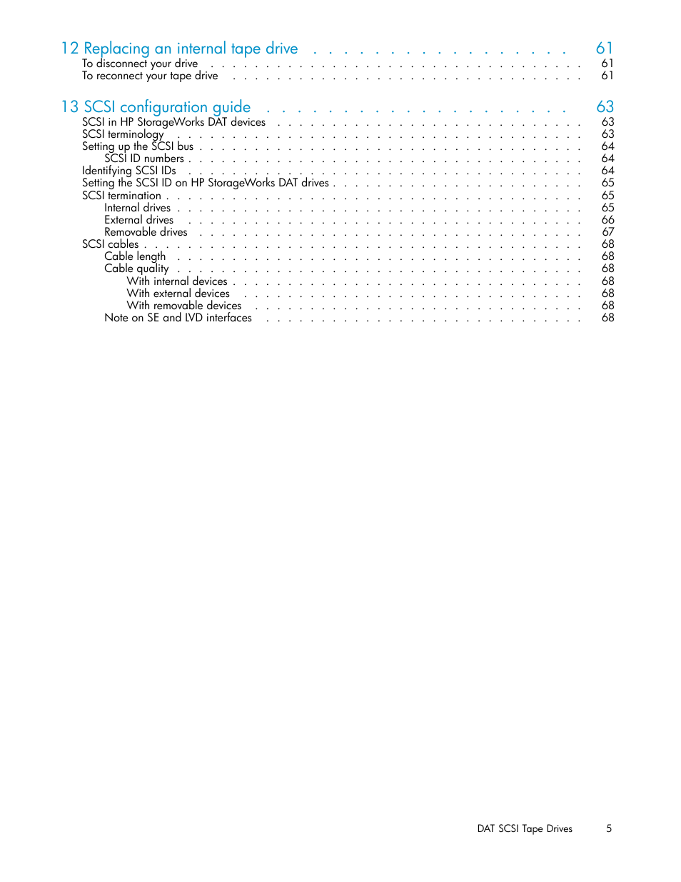 12 replacing an internal tape drive, 13 scsi configuration guide | HP StoreEver DAT Tape Drives User Manual | Page 5 / 69