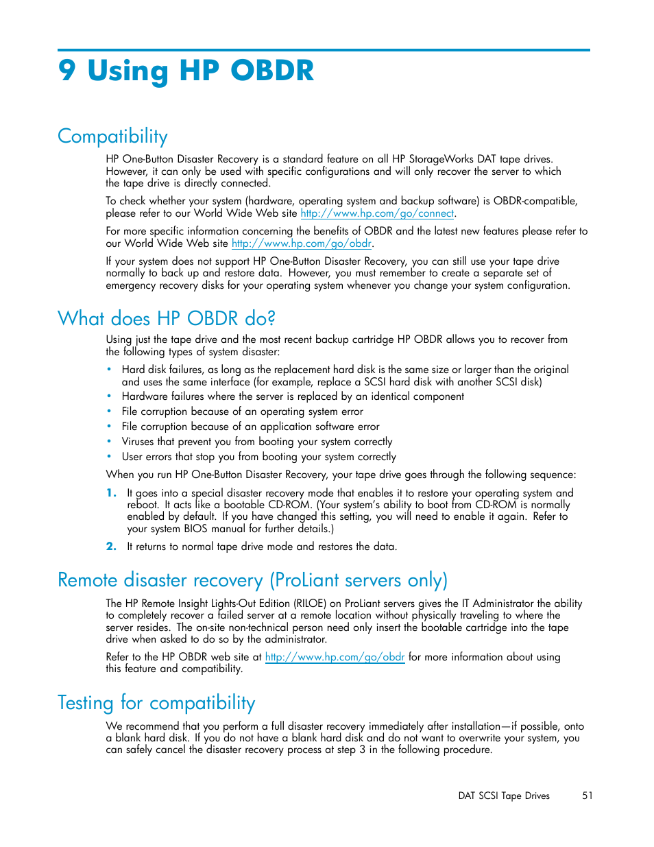 9 using hp obdr, Compatibility, What does hp obdr do | Remote disaster recovery (proliant servers only), Testing for compatibility, What does h, Remote disaster recovery, Running hp obdr | HP StoreEver DAT Tape Drives User Manual | Page 51 / 69