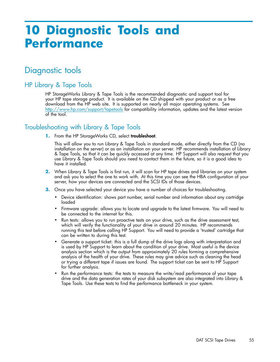 10 diagnostic tools and performance, Diagnostic tools, Hp library | Troubleshooting with lib, Ormance assessment tools, And the scsi, Ids in use, Diagnostic tools and performance, Hp library & tape tools, Troubleshooting with library & tape tools | HP StoreEver DAT Tape Drives User Manual | Page 55 / 69