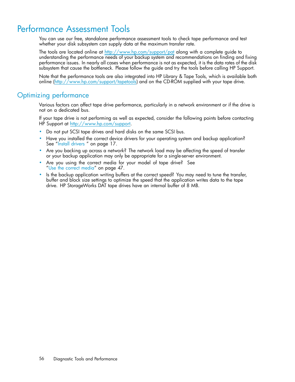 Performance assessment tools, Optimizing performance | HP StoreEver DAT Tape Drives User Manual | Page 56 / 69