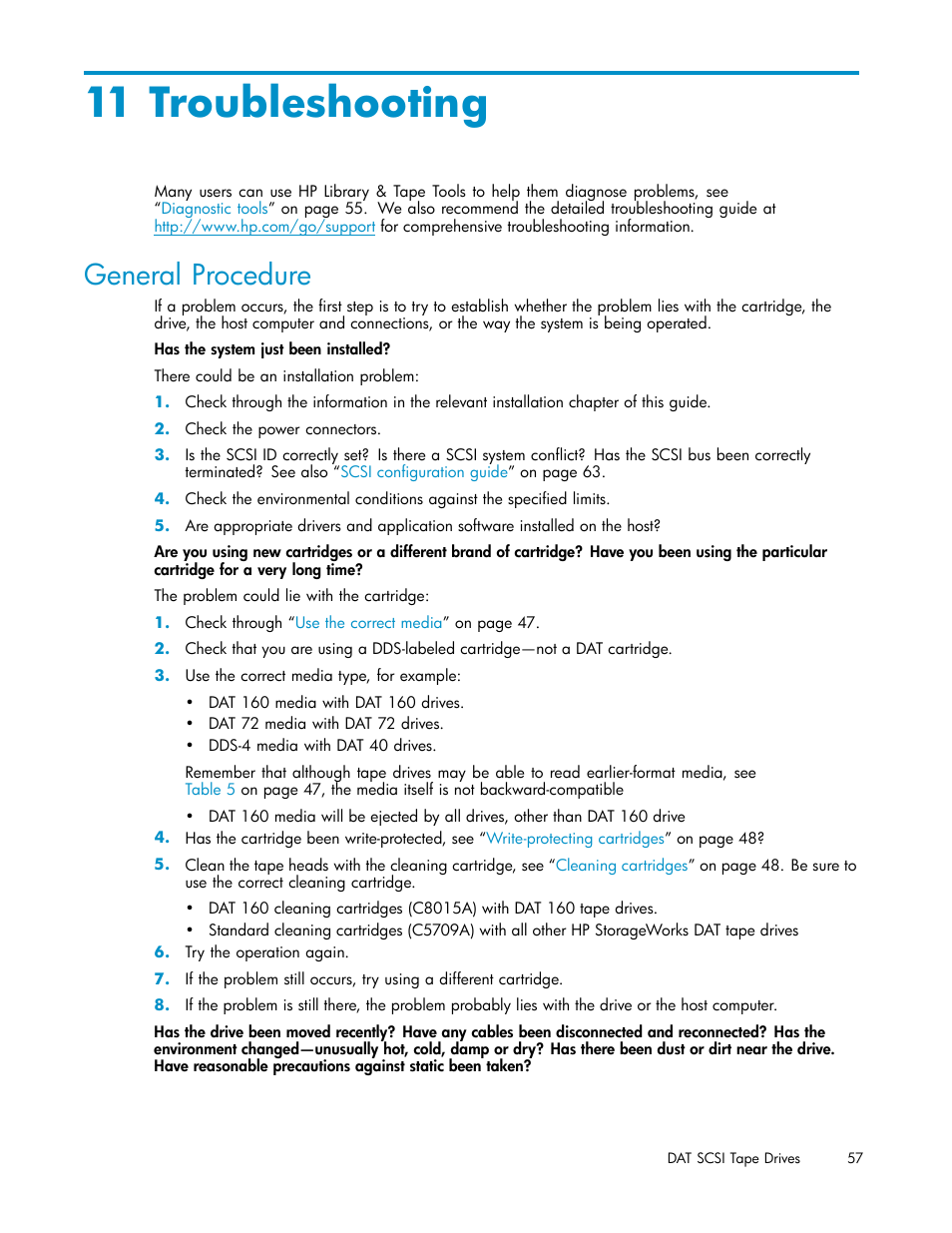 11 troubleshooting, General procedure, Problems with cartr | Troubleshooting | HP StoreEver DAT Tape Drives User Manual | Page 57 / 69