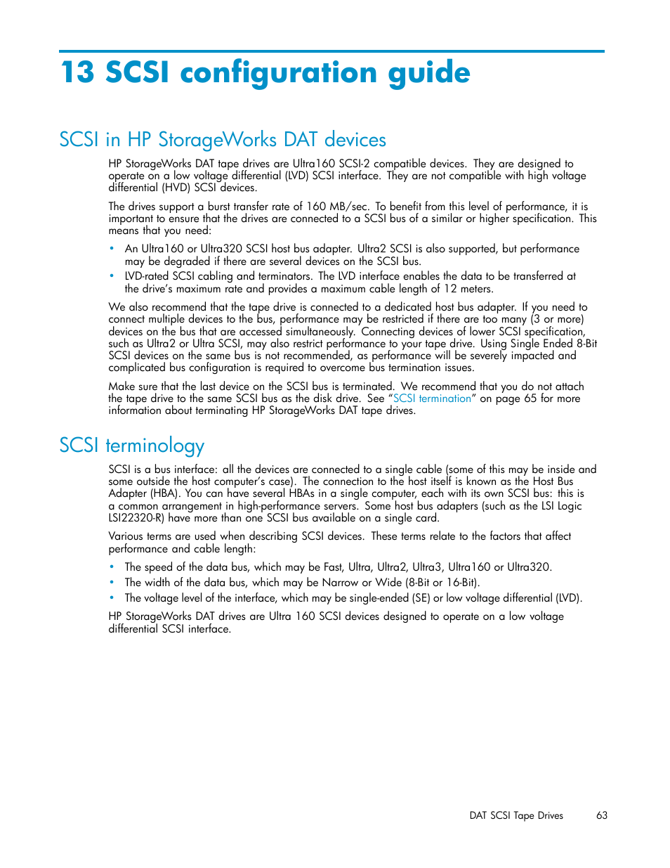 13 scsi conﬁguration guide, Scsi in hp storageworks dat devices, Scsi terminology | 13 scsi configuration guide, Scsi configuration guide | HP StoreEver DAT Tape Drives User Manual | Page 63 / 69