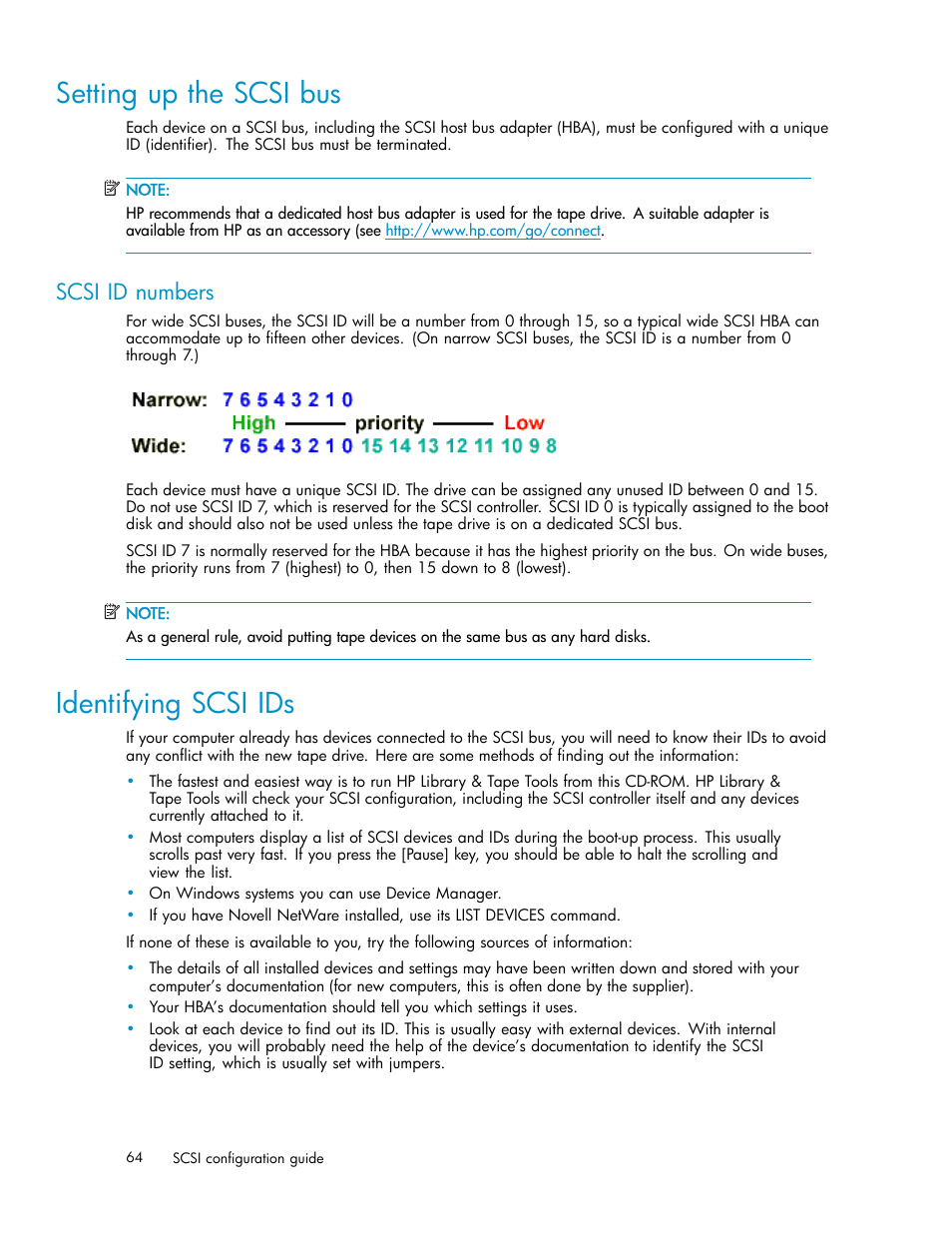 Setting up the scsi bus, Identifying scsi ids, Scsi id numbers | HP StoreEver DAT Tape Drives User Manual | Page 64 / 69