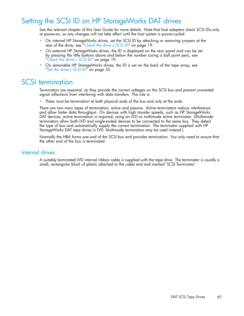 Setting the scsi id on hp storageworks d, Scsi termination, Setting the scsi id on hp storageworks dat drives | Internal drives | HP StoreEver DAT Tape Drives User Manual | Page 65 / 69