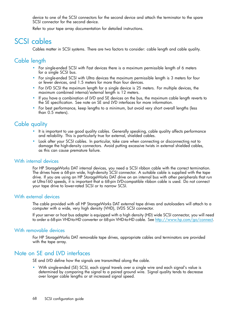 Scsi cables, Cable length, Cable quality | With internal devices, With external devices, With removable devices, Note on se and lvd interfaces | HP StoreEver DAT Tape Drives User Manual | Page 68 / 69
