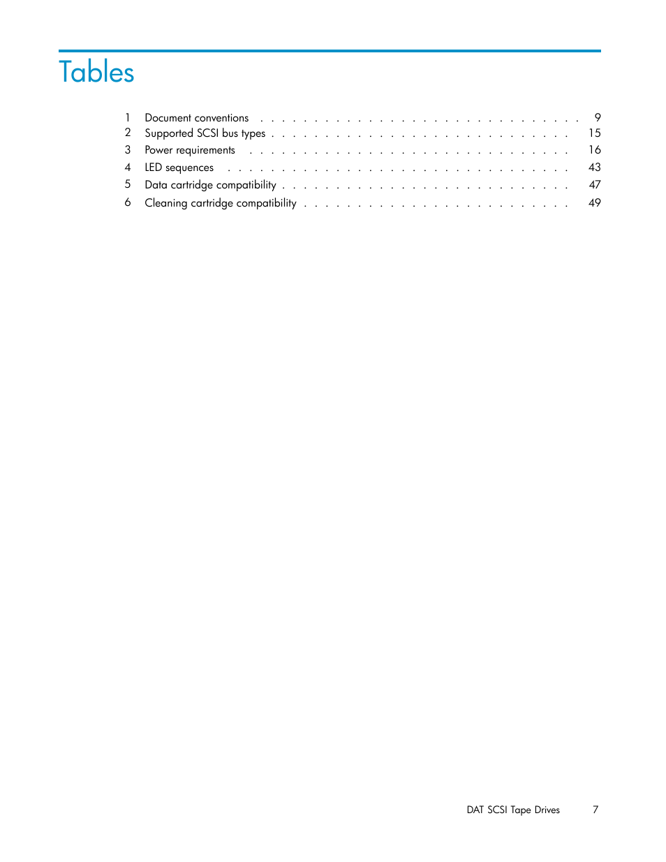 Tables | HP StoreEver DAT Tape Drives User Manual | Page 7 / 69