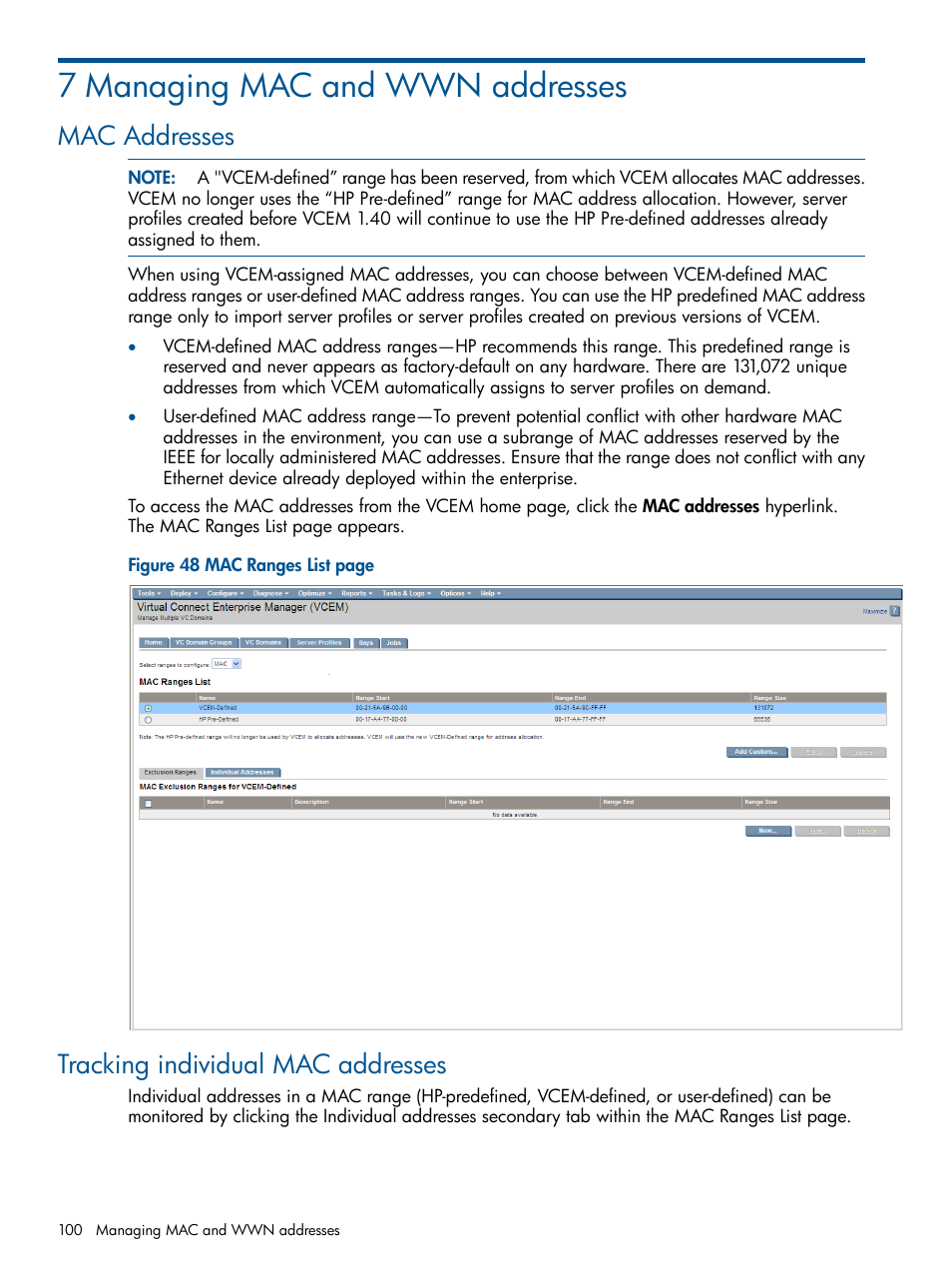 7 managing mac and wwn addresses, Mac addresses, Tracking individual mac addresses | Mac addresses tracking individual mac addresses | HP Insight Management-Software User Manual | Page 100 / 152