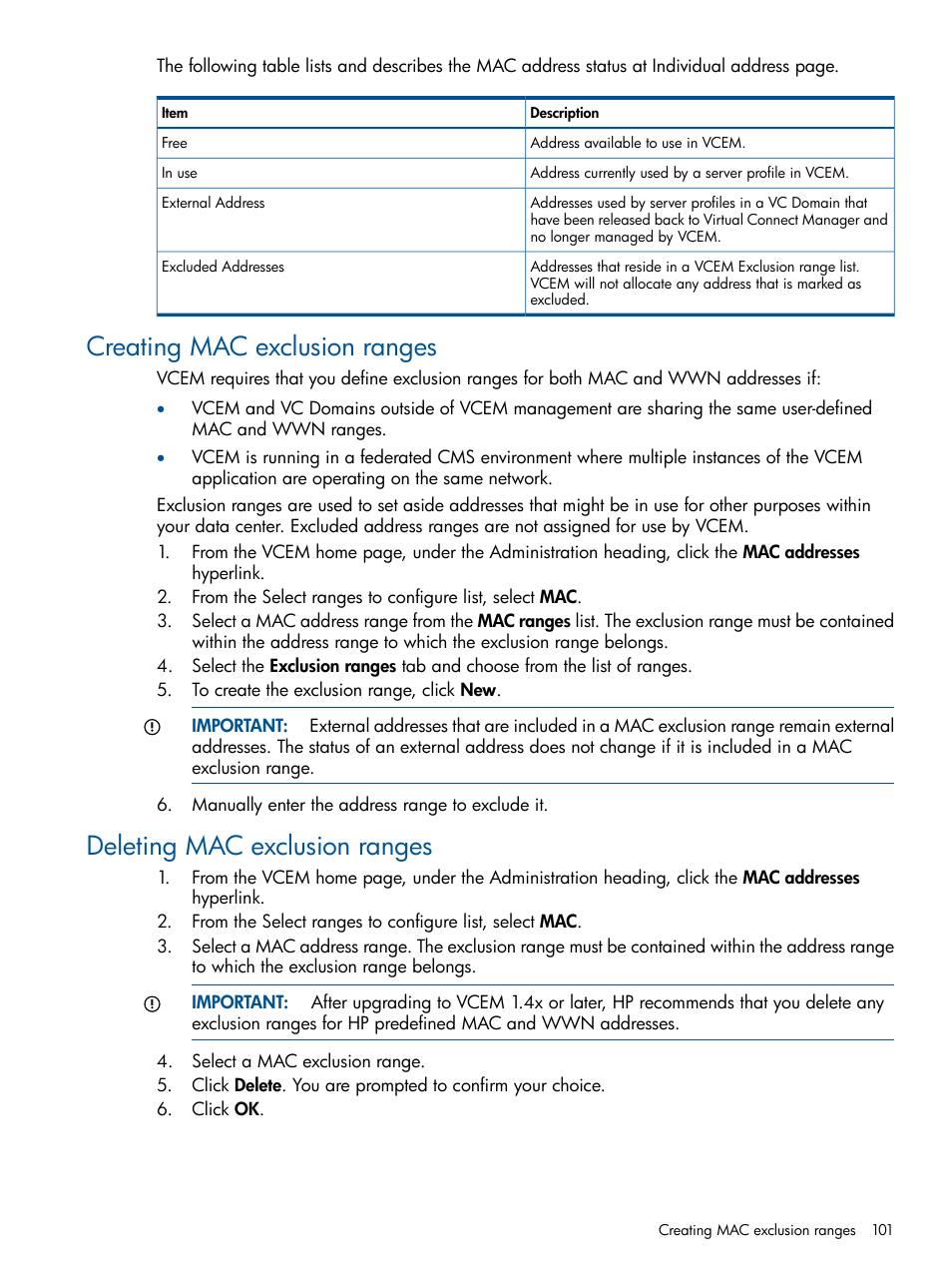 Creating mac exclusion ranges, Deleting mac exclusion ranges, Creating mac exclusion | HP Insight Management-Software User Manual | Page 101 / 152