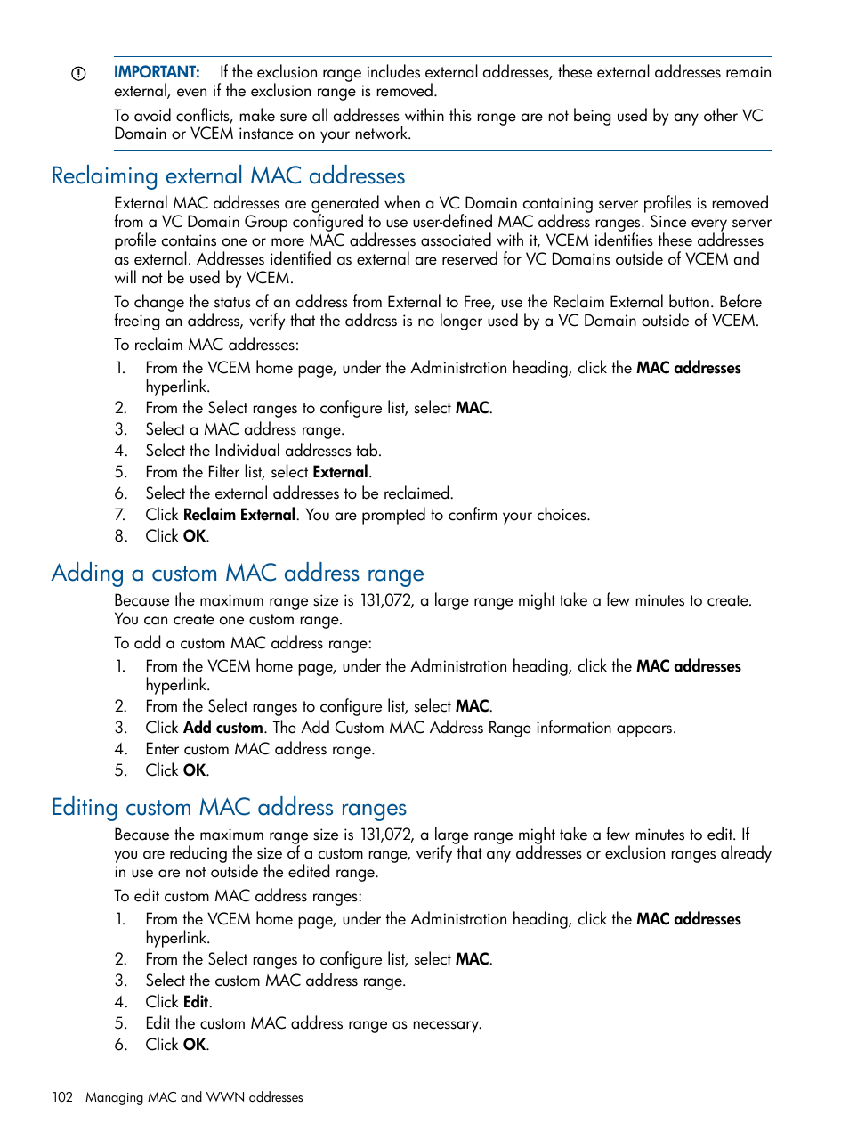 Reclaiming external mac addresses, Adding a custom mac address range, Editing custom mac address ranges | HP Insight Management-Software User Manual | Page 102 / 152