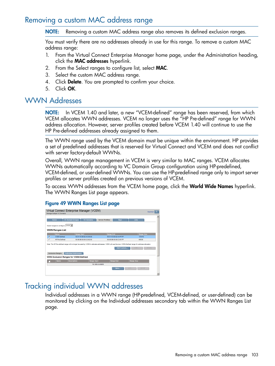 Removing a custom mac address range, Wwn addresses, Tracking individual wwn addresses | HP Insight Management-Software User Manual | Page 103 / 152