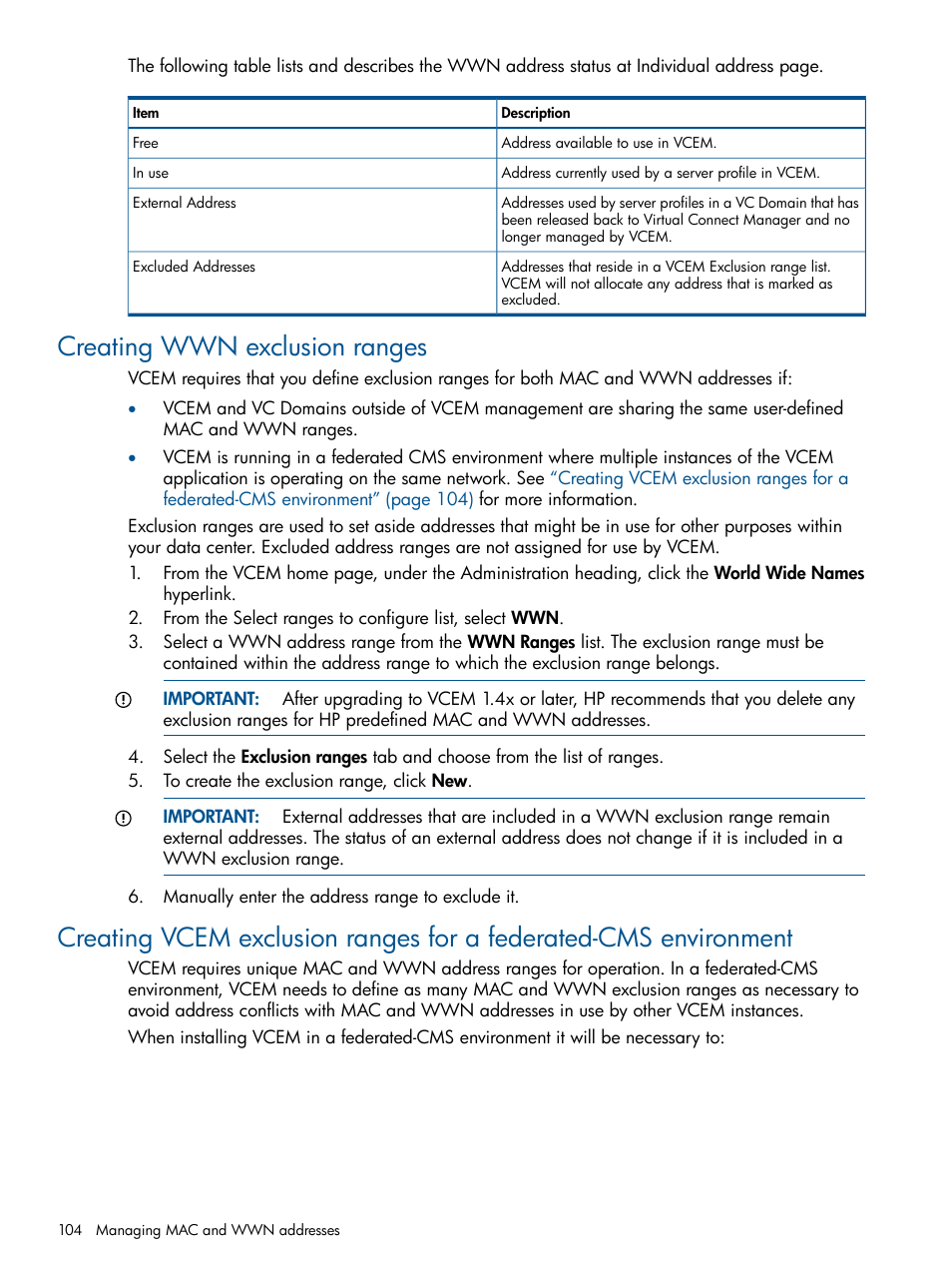 Creating wwn exclusion ranges, Creating wwn | HP Insight Management-Software User Manual | Page 104 / 152