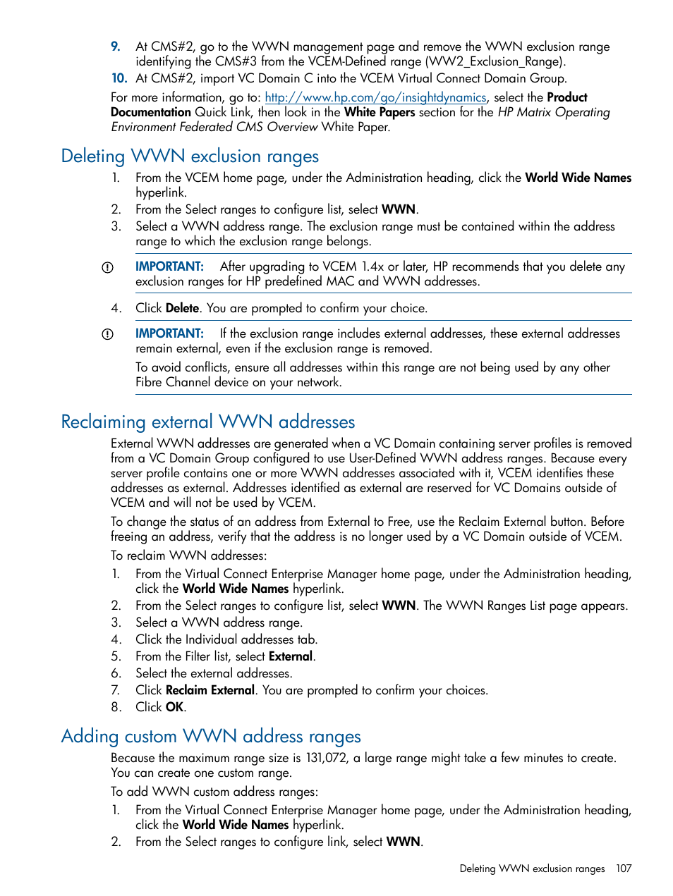 Deleting wwn exclusion ranges, Reclaiming external wwn addresses, Adding custom wwn address ranges | HP Insight Management-Software User Manual | Page 107 / 152