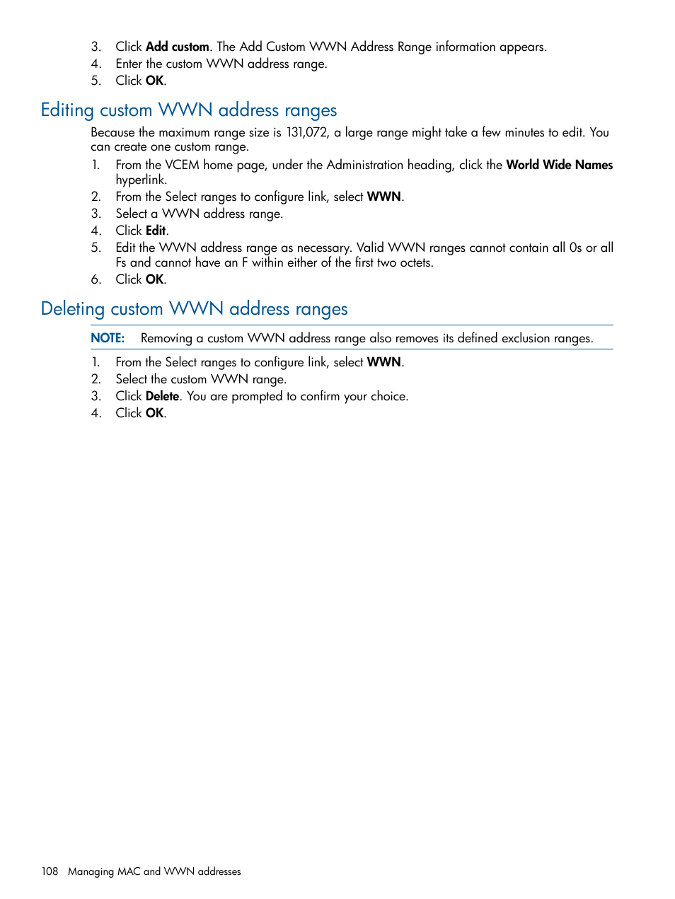 Editing custom wwn address ranges, Deleting custom wwn address ranges | HP Insight Management-Software User Manual | Page 108 / 152