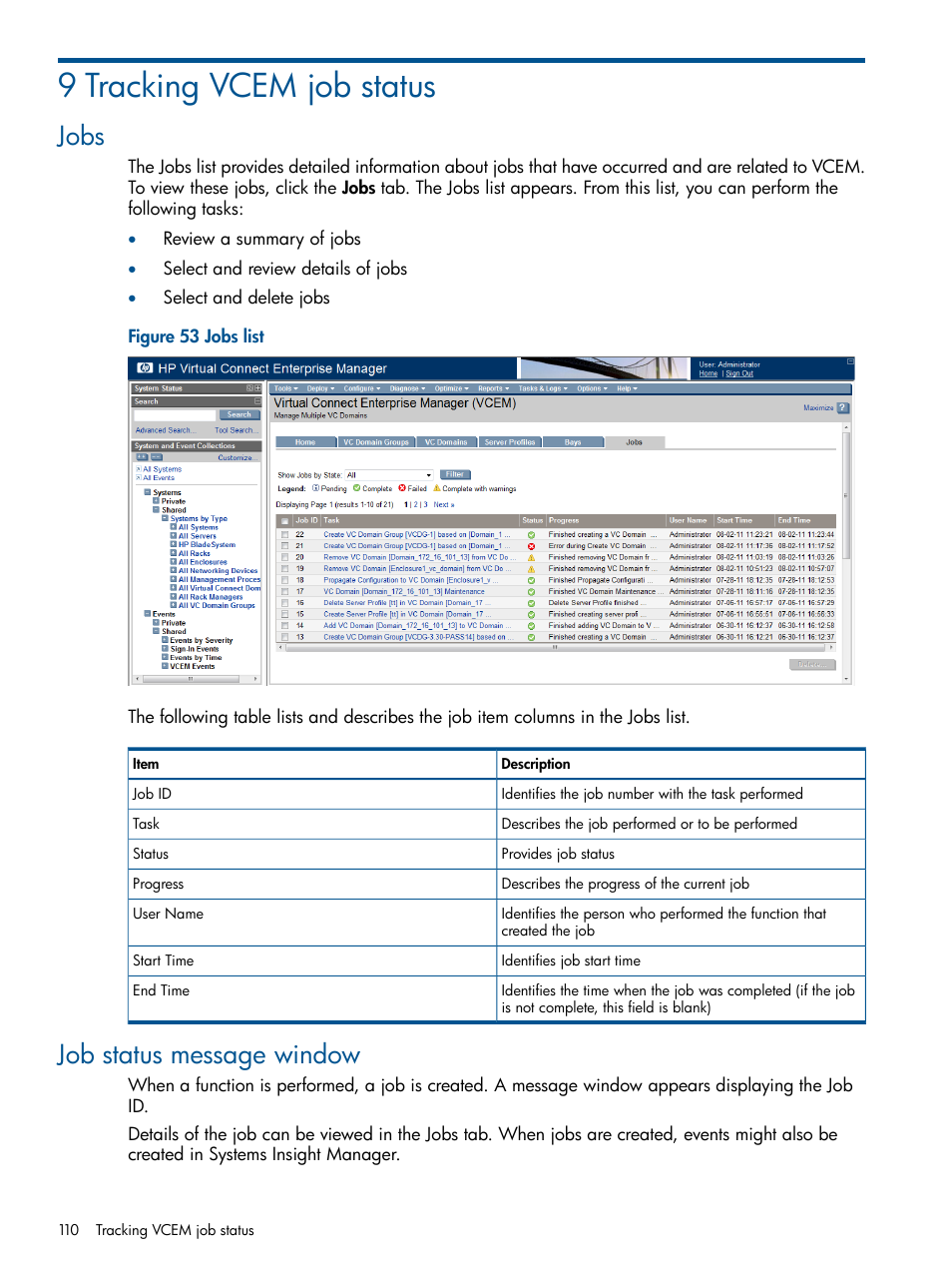 9 tracking vcem job status, Jobs, Job status message window | Jobs job status message window | HP Insight Management-Software User Manual | Page 110 / 152