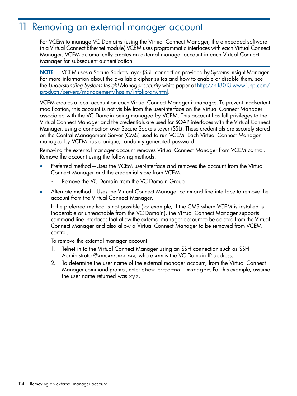 11 removing an external manager account | HP Insight Management-Software User Manual | Page 114 / 152