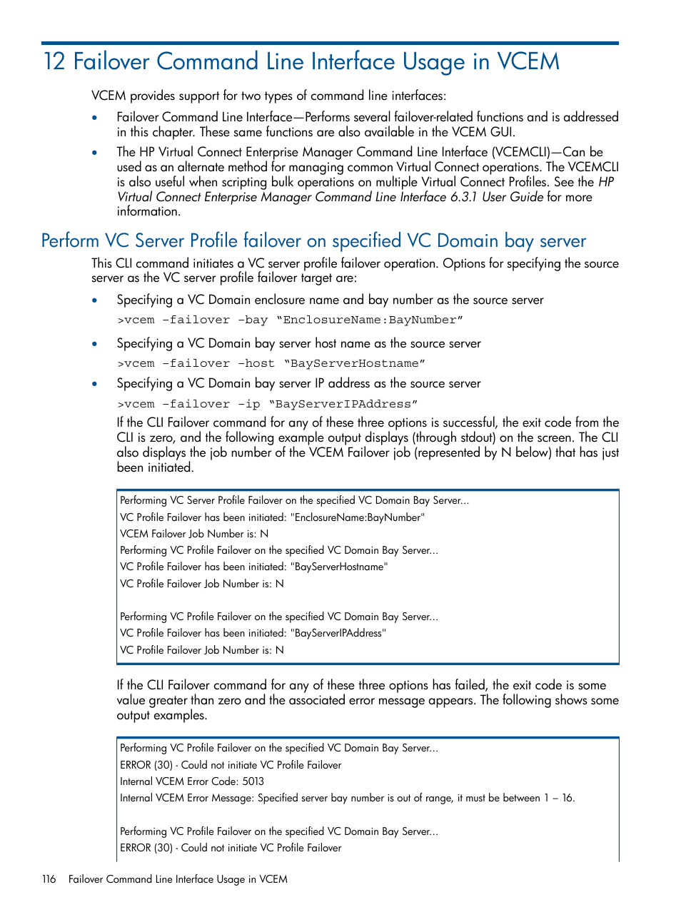 12 failover command line interface usage in vcem, Failover command line interface usage | HP Insight Management-Software User Manual | Page 116 / 152