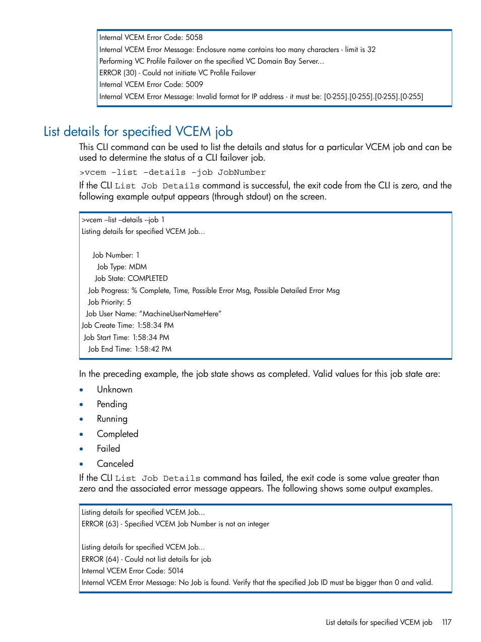 List details for specified vcem job | HP Insight Management-Software User Manual | Page 117 / 152