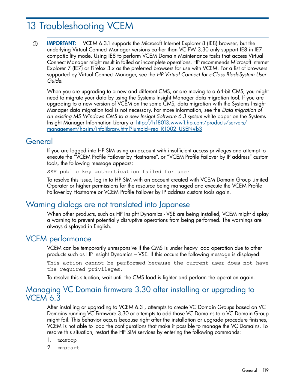 13 troubleshooting vcem, General, Warning dialogs are not translated into japanese | Vcem performance | HP Insight Management-Software User Manual | Page 119 / 152