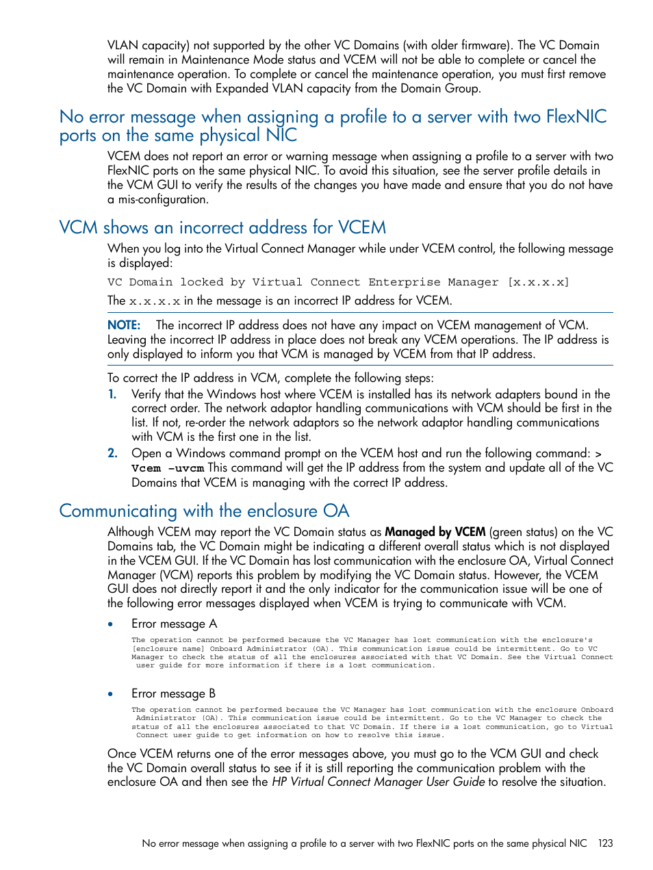 Vcm shows an incorrect address for vcem, Communicating with the enclosure oa | HP Insight Management-Software User Manual | Page 123 / 152