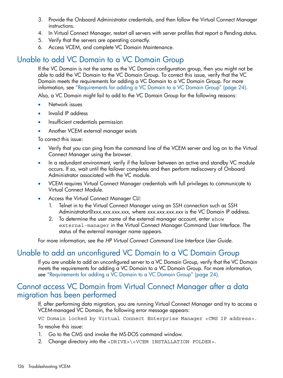 Unable to add vc domain to a vc domain group | HP Insight Management-Software User Manual | Page 126 / 152