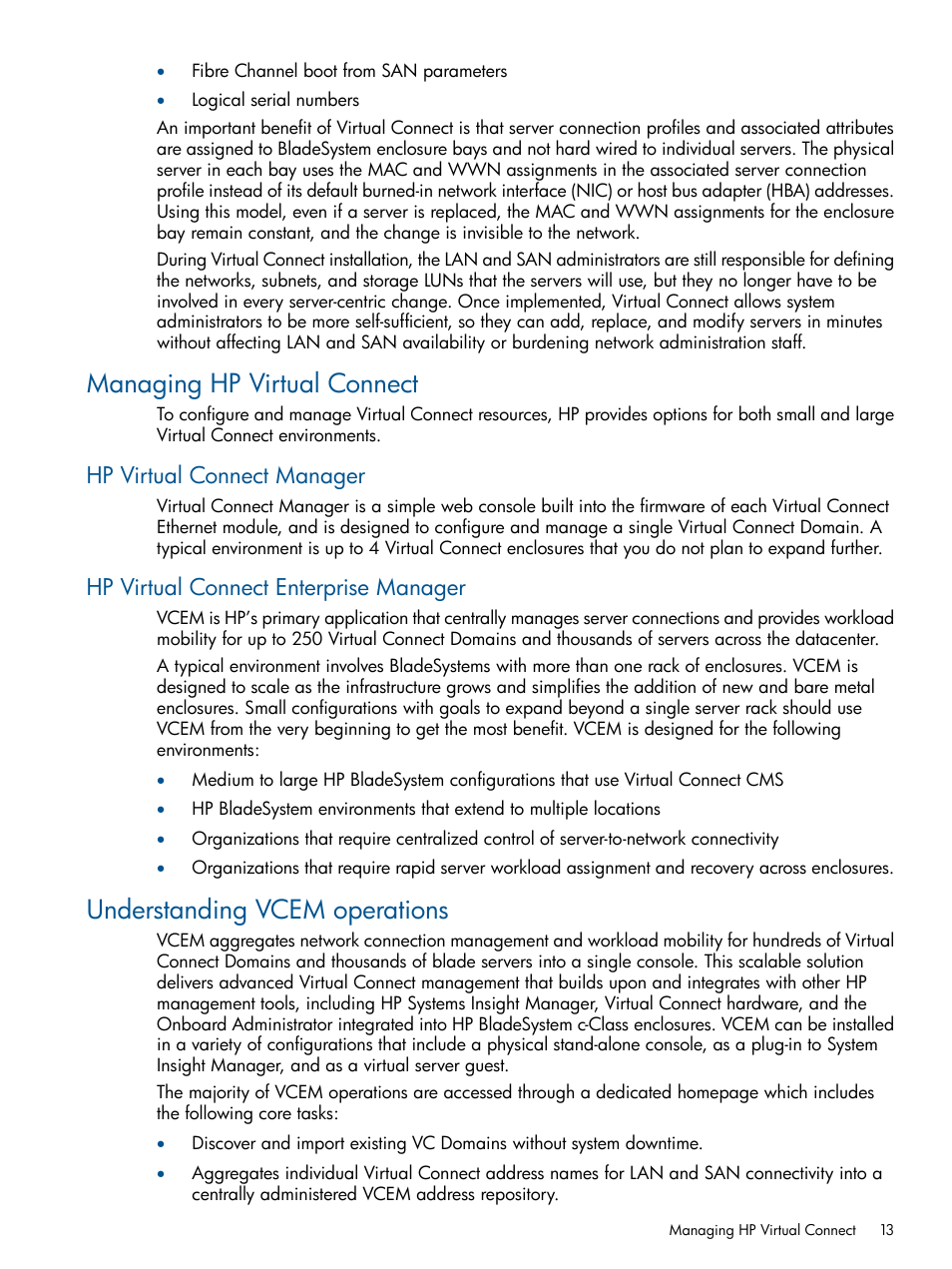 Managing hp virtual connect, Hp virtual connect manager, Hp virtual connect enterprise manager | Understanding vcem operations | HP Insight Management-Software User Manual | Page 13 / 152