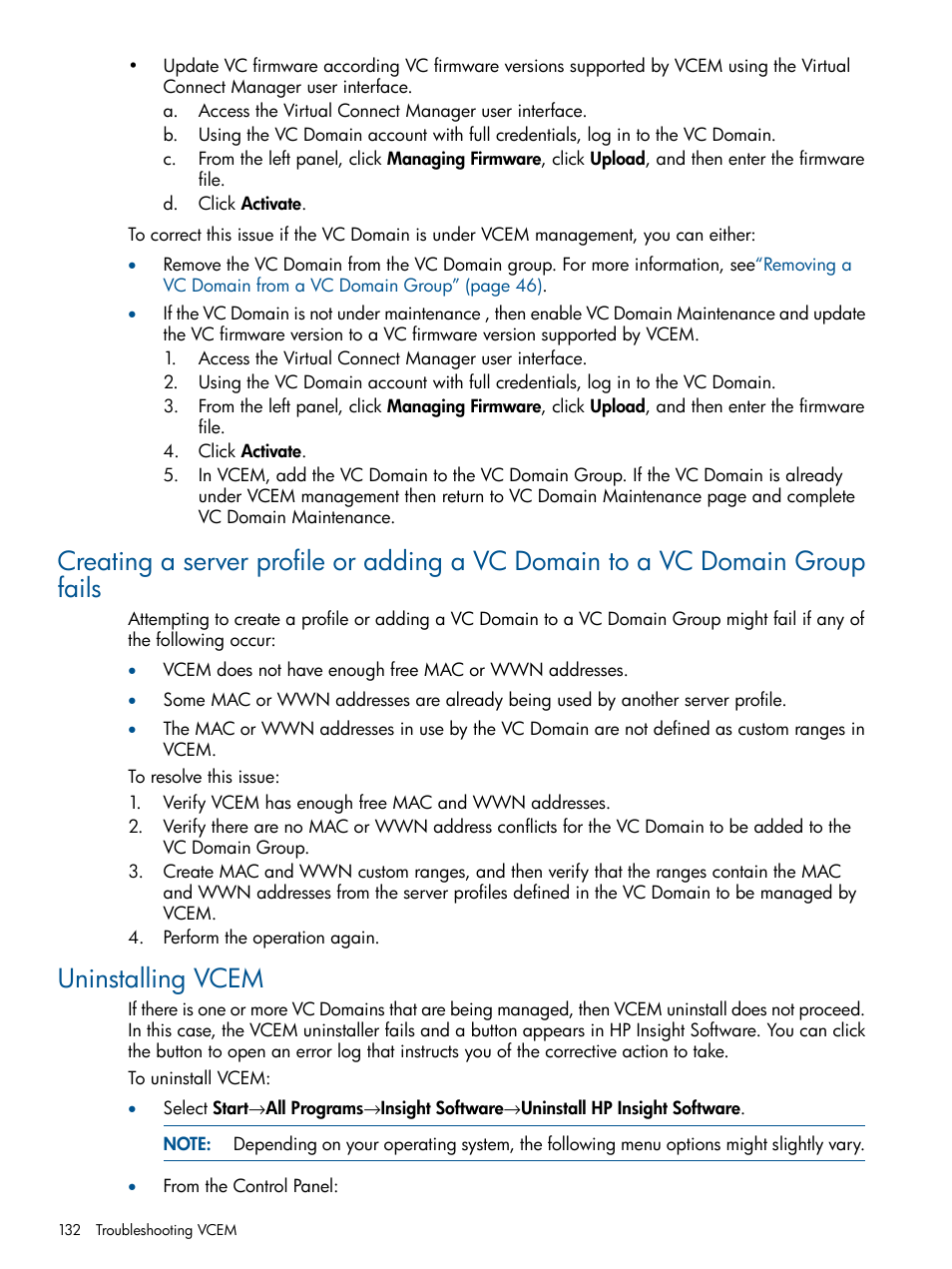 Uninstalling vcem | HP Insight Management-Software User Manual | Page 132 / 152