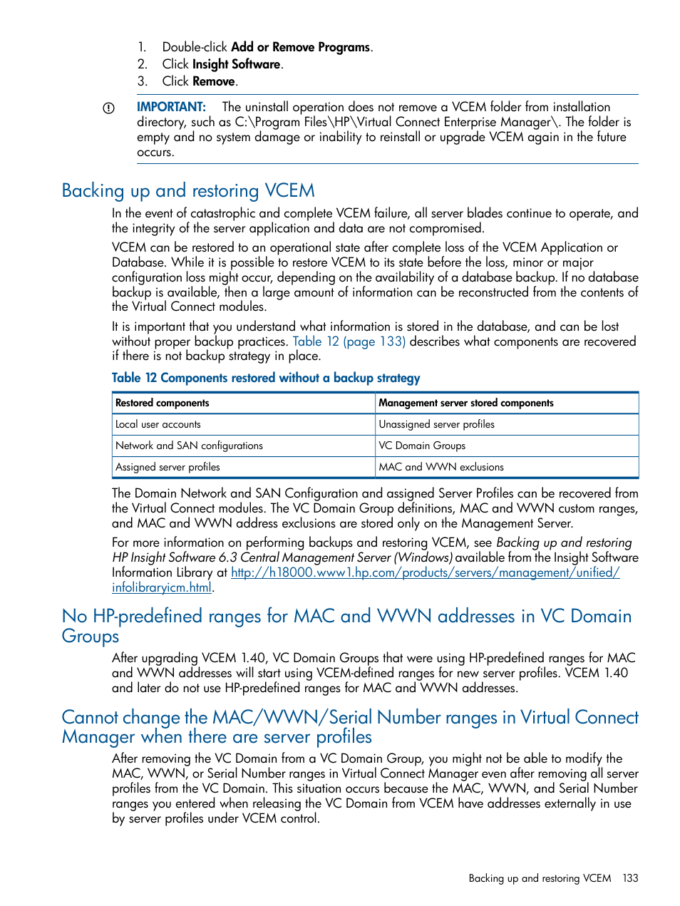 Backing up and restoring vcem | HP Insight Management-Software User Manual | Page 133 / 152