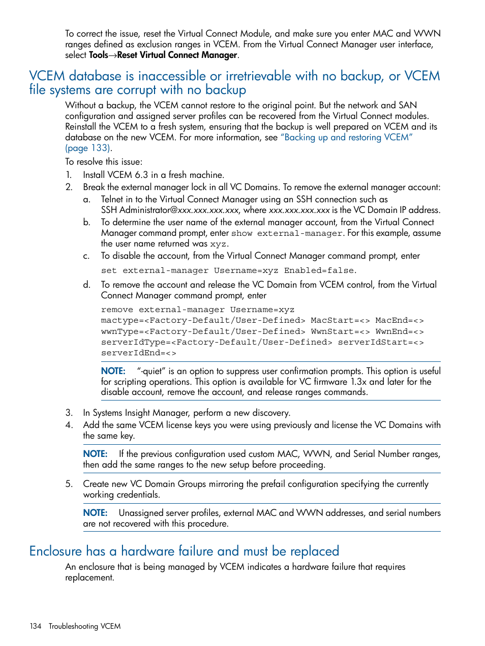 Enclosure has a hardware failure and must be | HP Insight Management-Software User Manual | Page 134 / 152