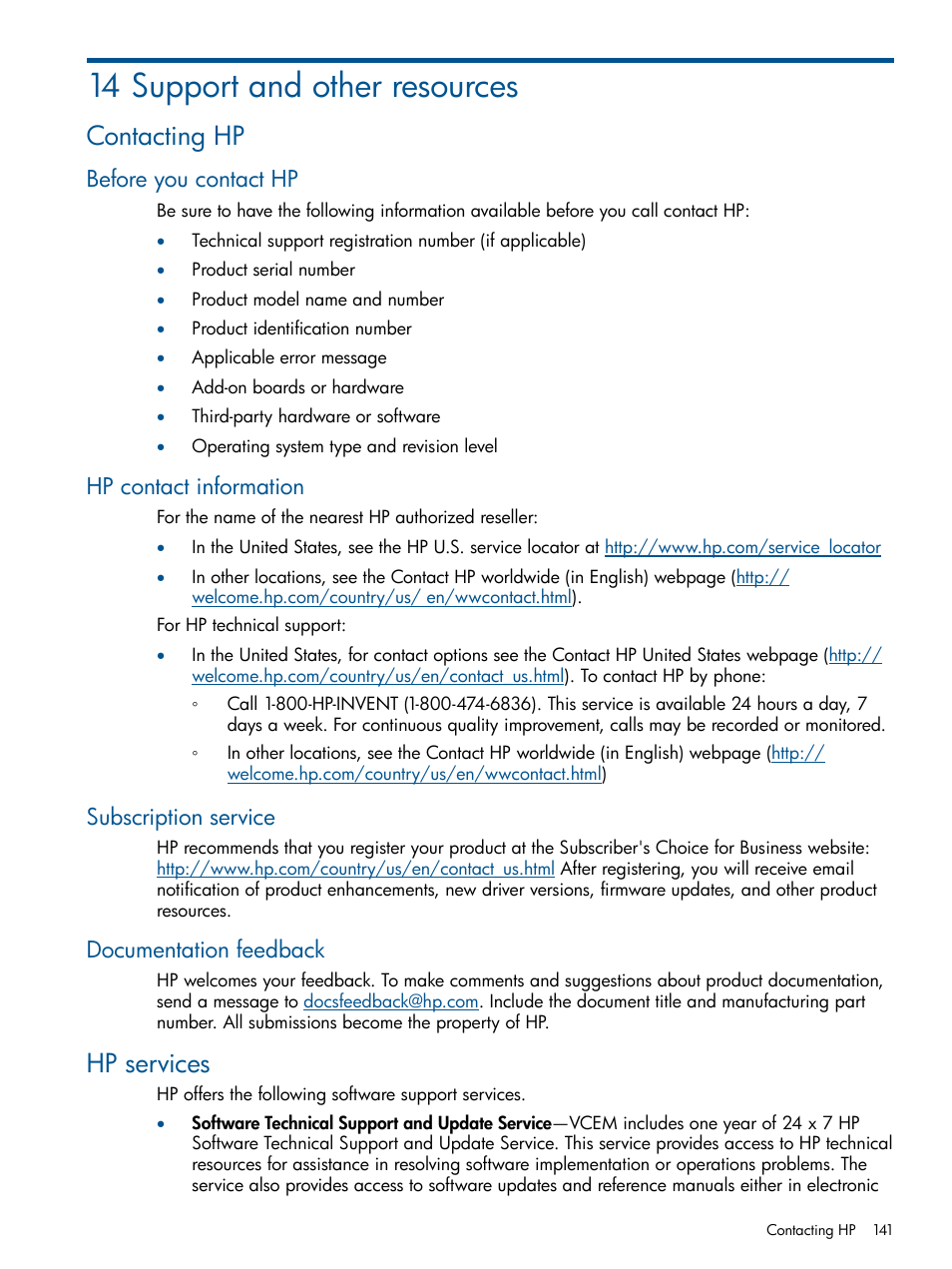 14 support and other resources, Contacting hp, Before you contact hp | Hp contact information, Subscription service, Documentation feedback, Hp services | HP Insight Management-Software User Manual | Page 141 / 152