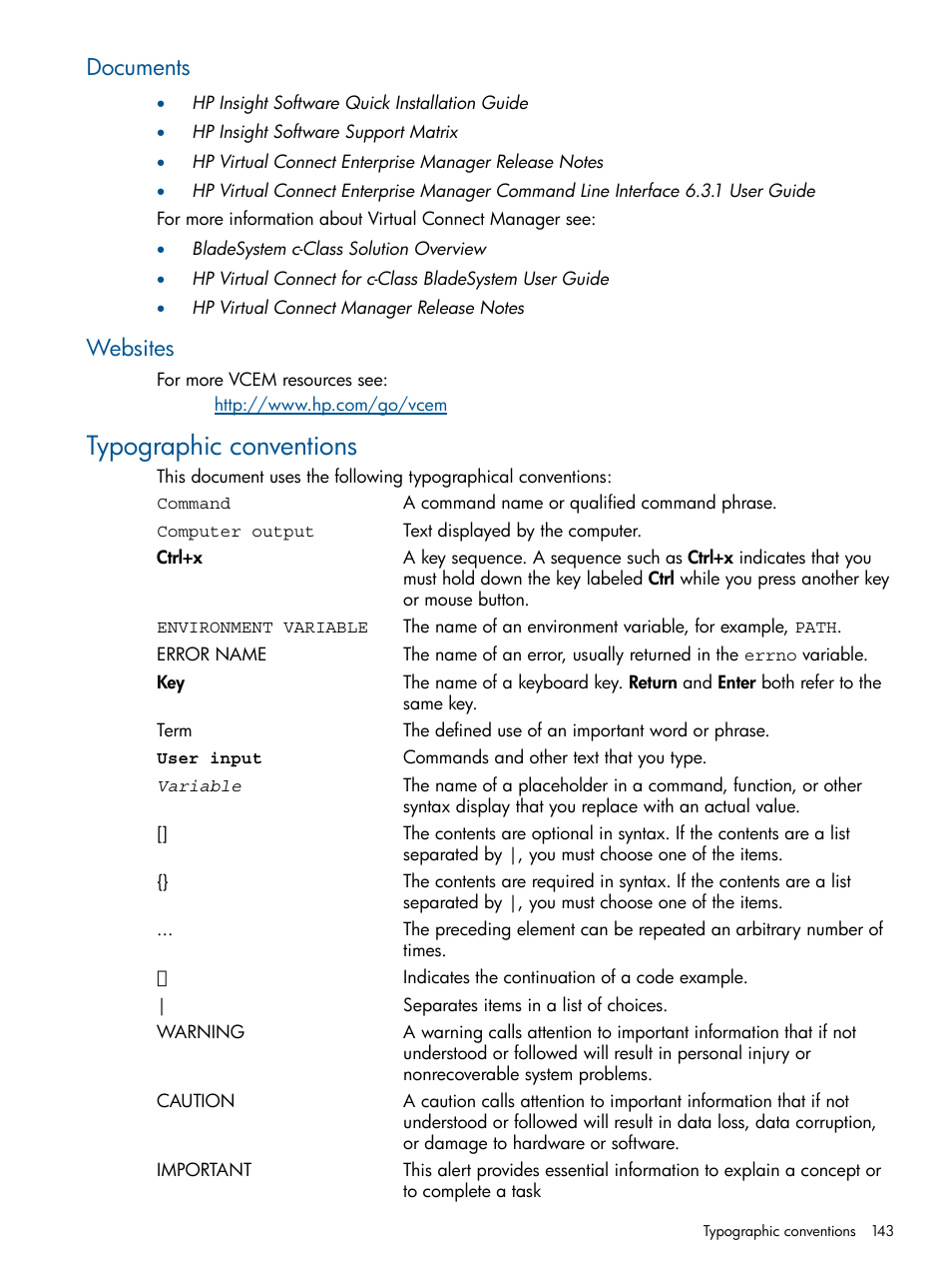 Documents, Websites, Typographic conventions | Documents websites | HP Insight Management-Software User Manual | Page 143 / 152