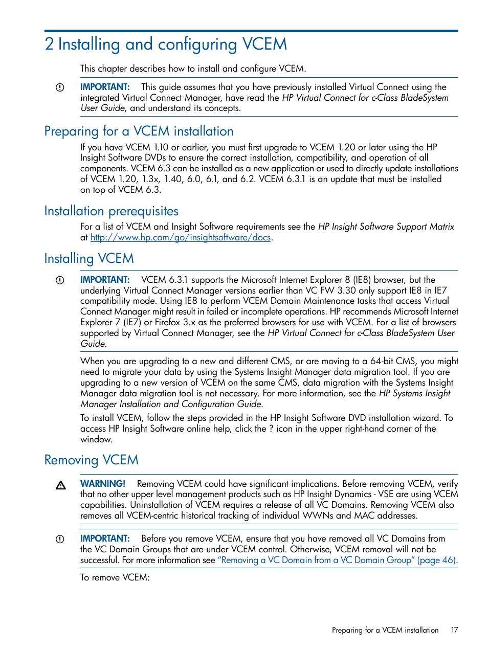 2 installing and configuring vcem, Preparing for a vcem installation, Installation prerequisites | Installing vcem, Removing vcem, Installing and, Configuring vcem | HP Insight Management-Software User Manual | Page 17 / 152